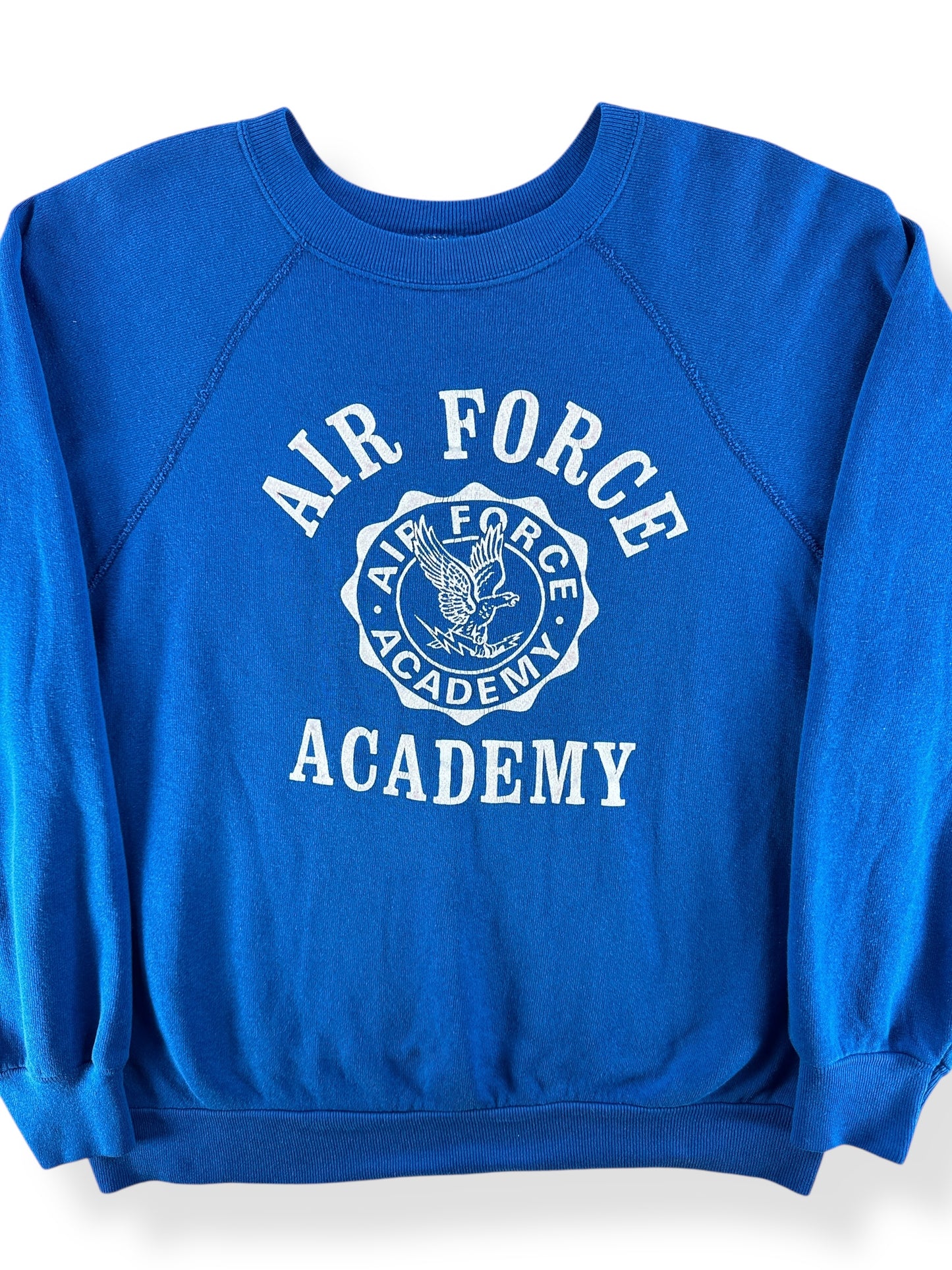 Front Close Up of Vintage Air Force Academy Blue Flocked Crewneck SZ L