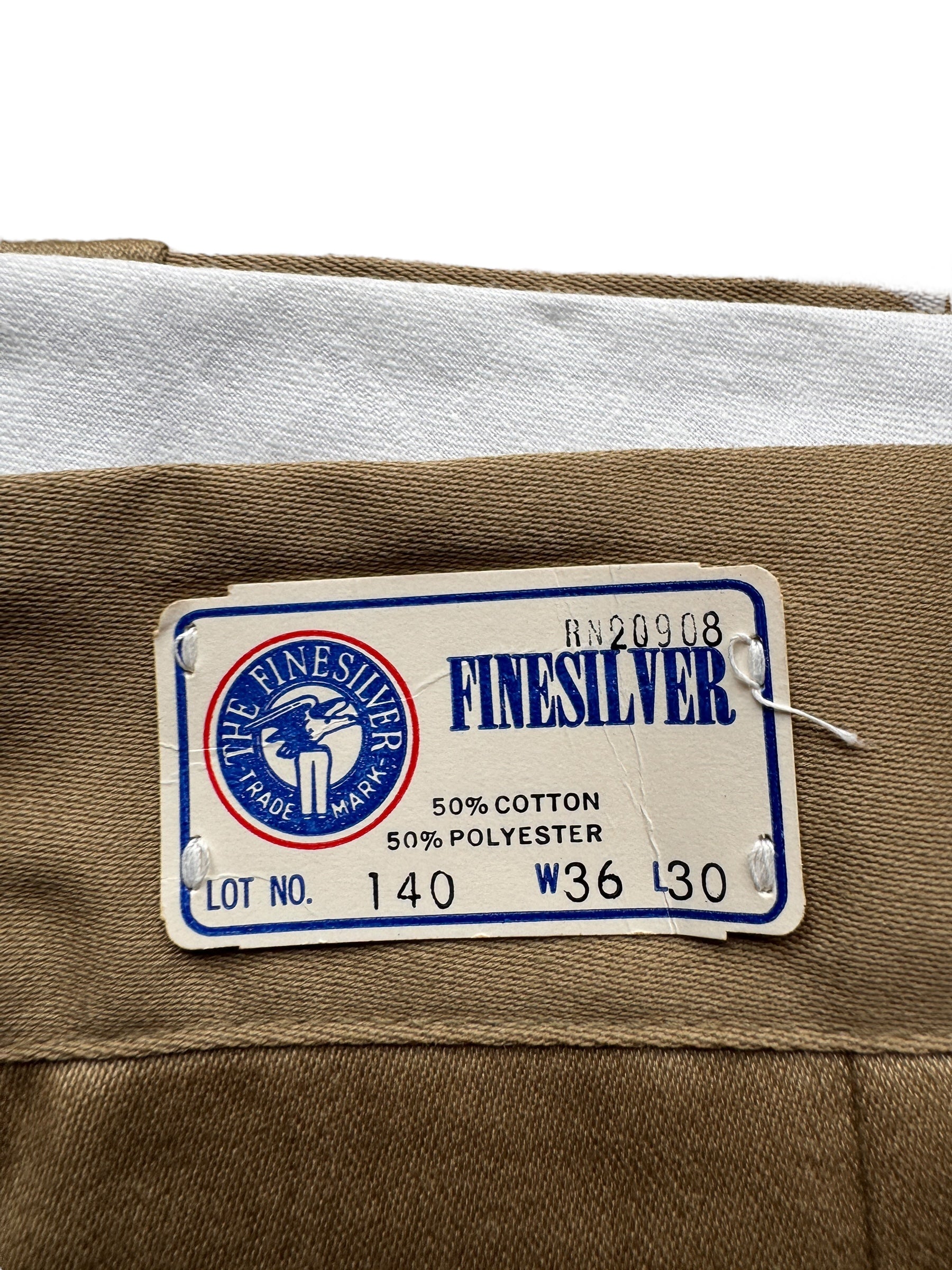 Paper Tag on NOS Vintage Finesilver Cotton/Poly Khaki Trousers W36