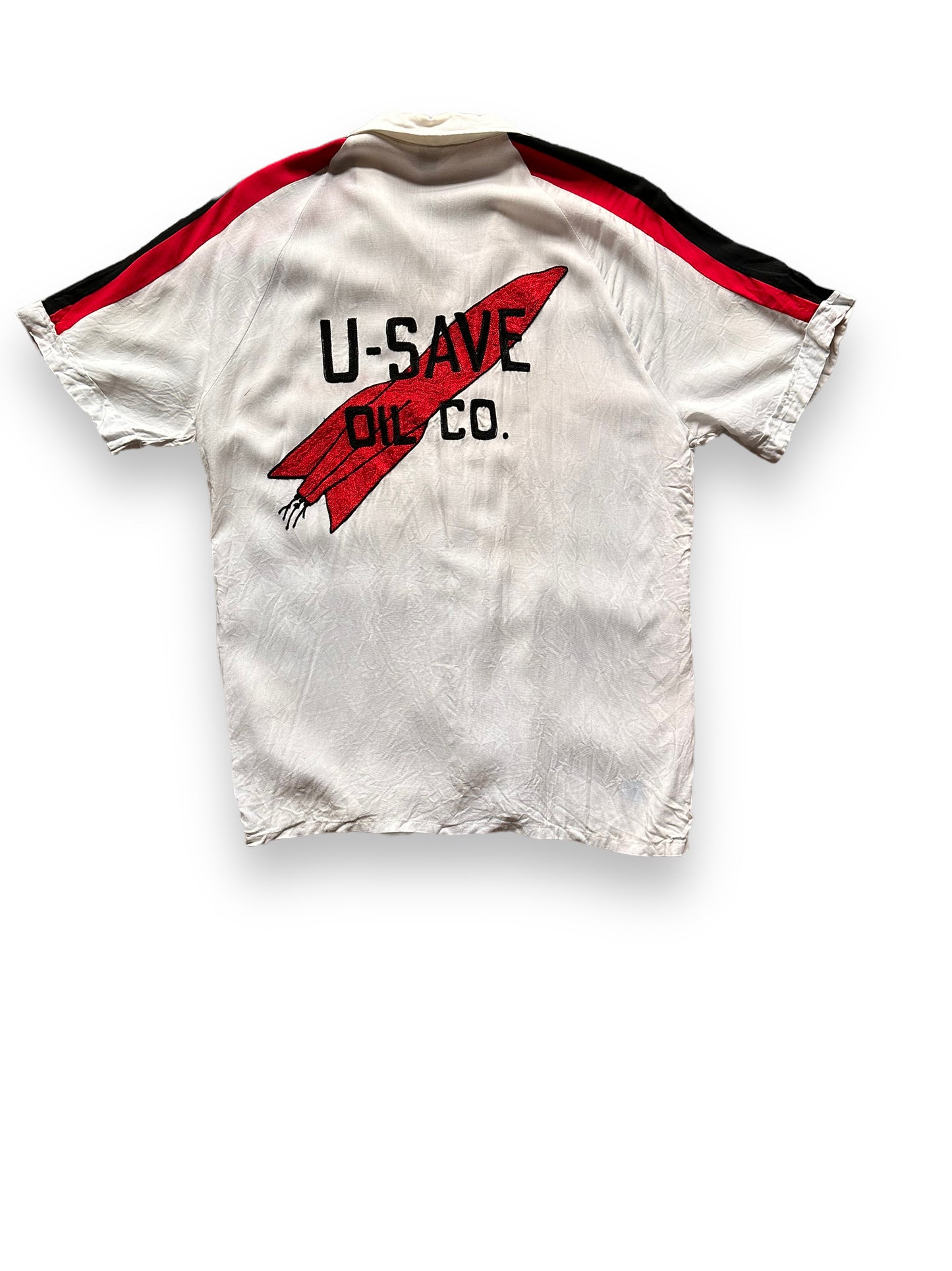 back of Vintage U Save Oil Chainstitched Rayon Bowling Shirt SZ M | Vintage Bowling Shirt Seattle | Barn Owl Vintage Seattle