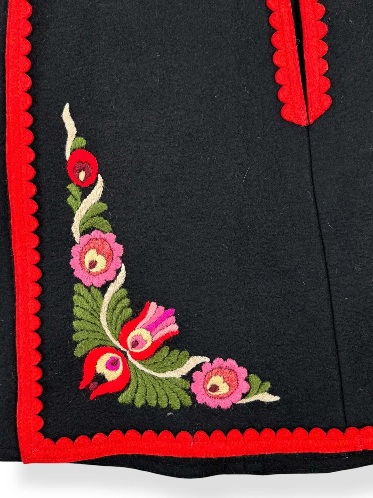 Embroidery of Vintage Hungarian Embroidered Wool Cape M