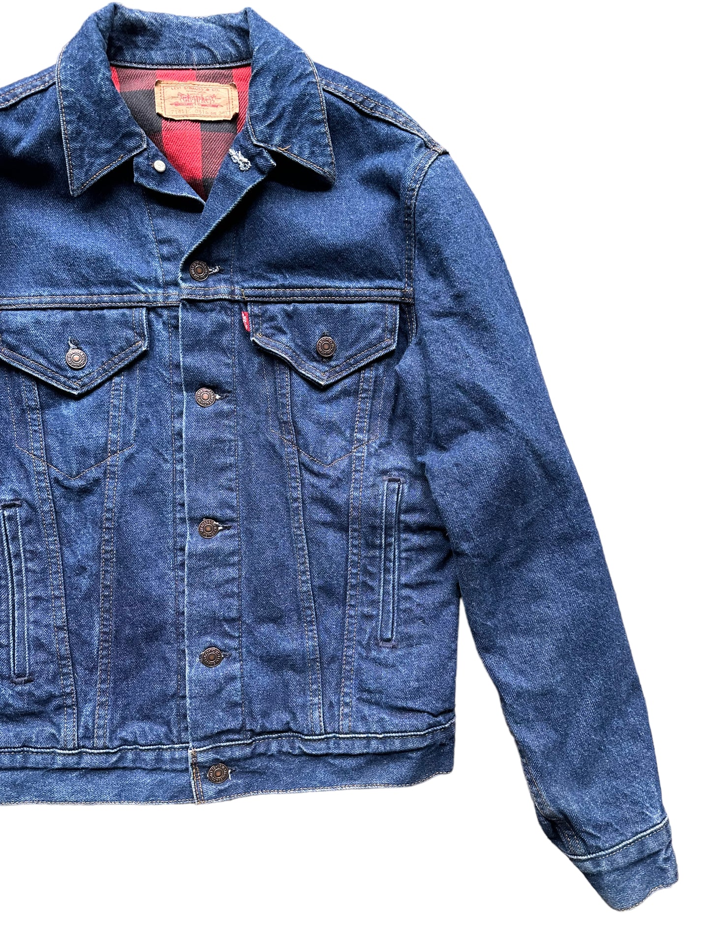 Front Left View of Vintage Red Flannel Lined Levis Type 3 Denim Trucker Jacket SZ S | Vintage Levi Strauss Denim Workwear Seattle | Seattle Vintage Clothing
