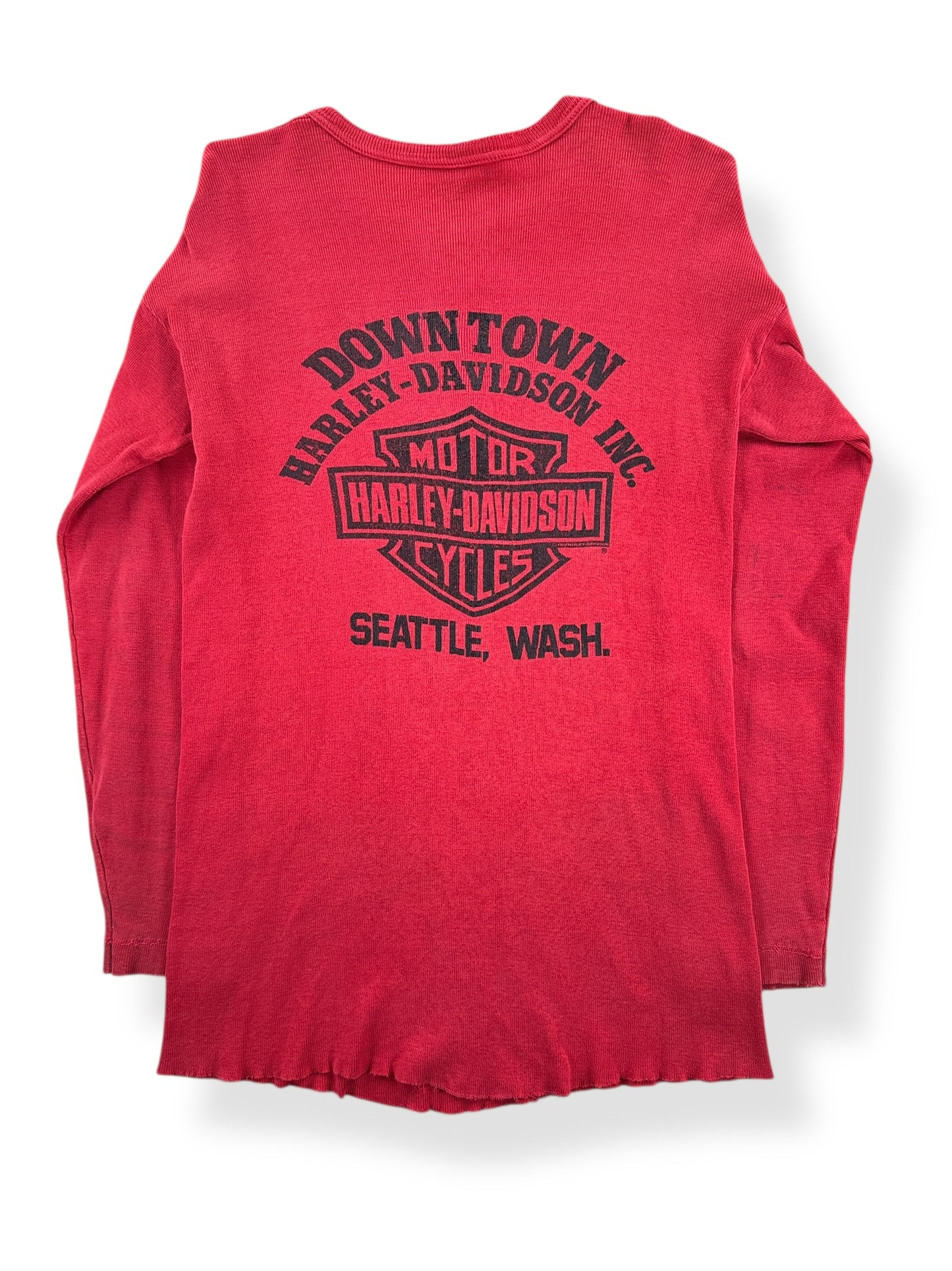 Back of Vintage Downtown Seattle Harley Davidson Red Henley Shirt SZ S