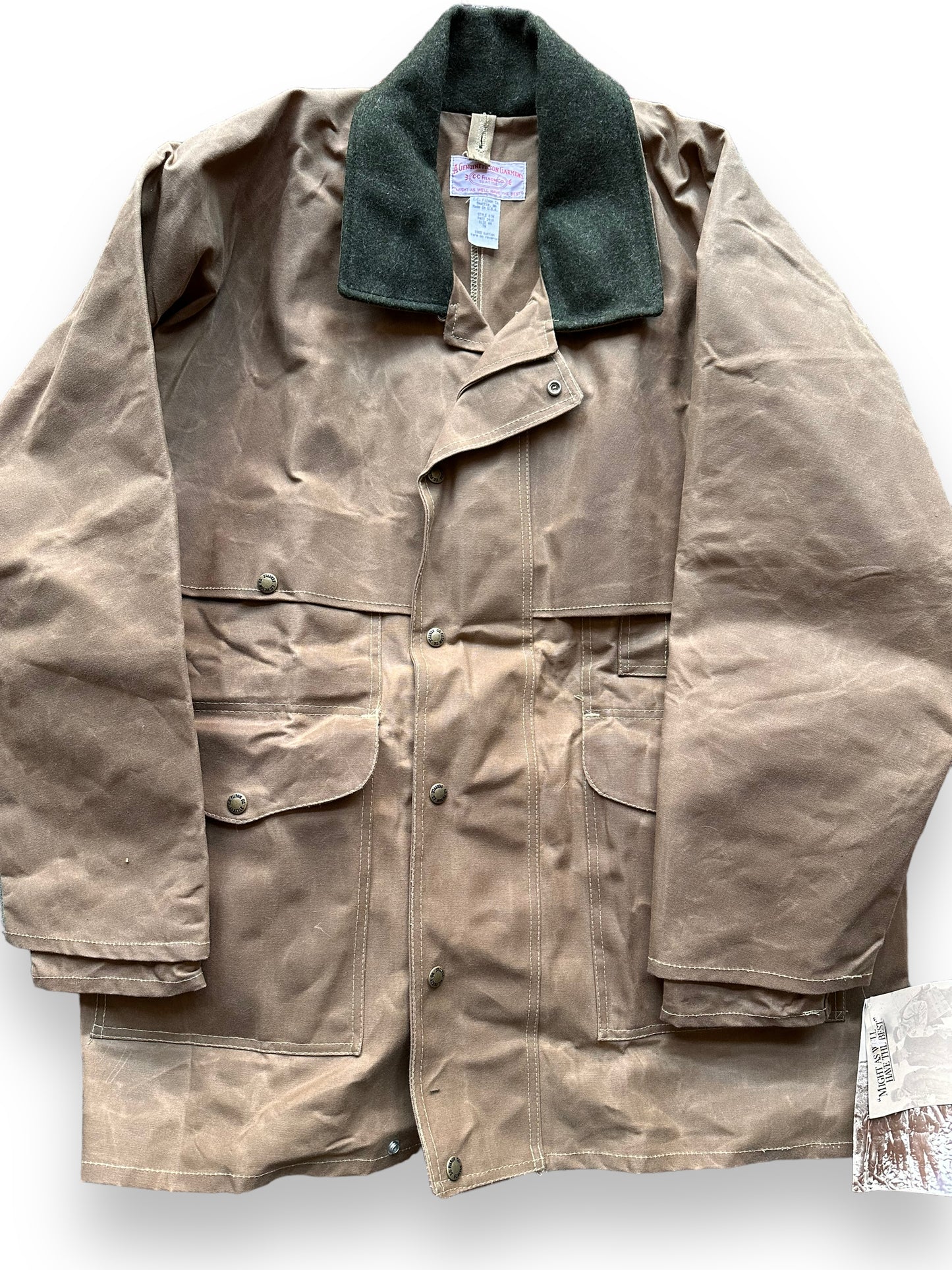 Front Detail on Vintage NOS Filson Tin Cloth Packer Coat SZ 44 | Barn Owl Vintage Goods Filson | Vintage Filson Workwear Seattle