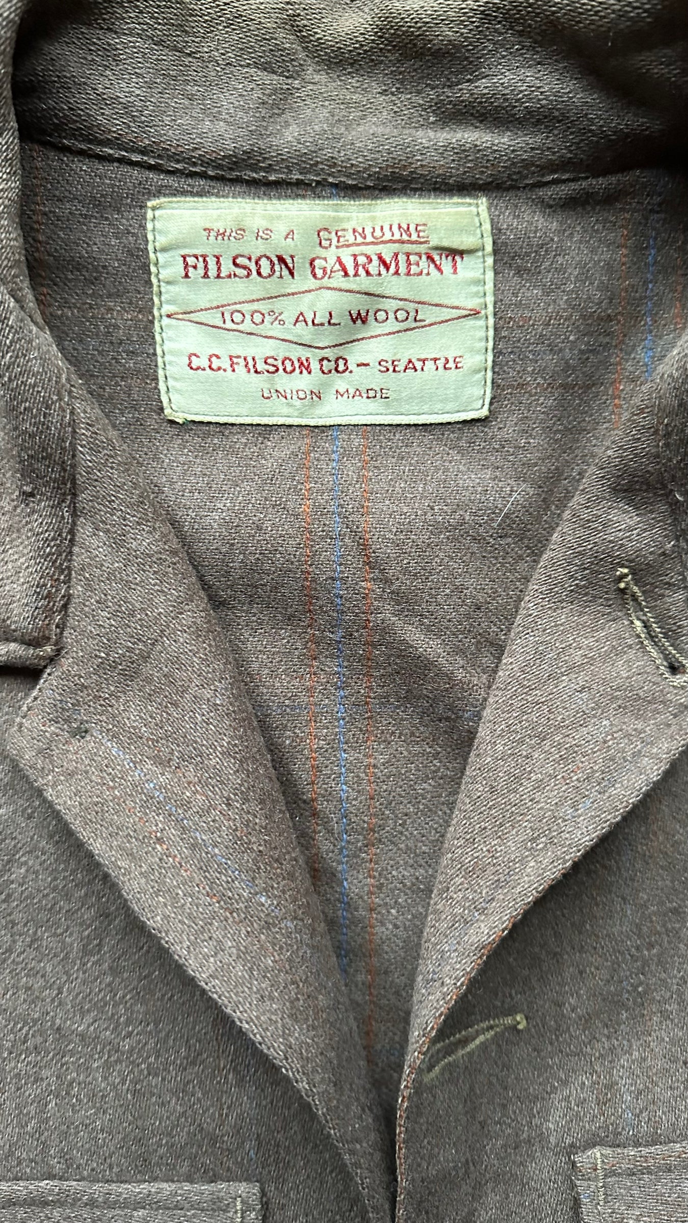 Pinstripes on Rare Vintage Filson Pin Striped Union Made Cruiser Coat SZ 44 | Vintage Rare Filson Cruiser | Vintage Workwear Seattle