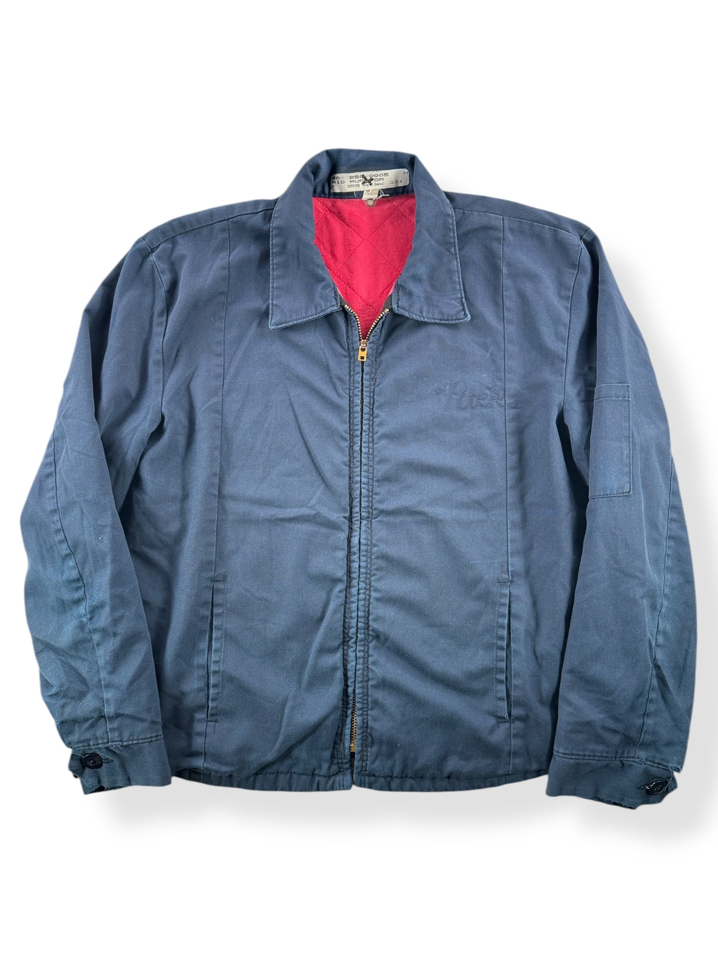 Front of Vintage Blue Quilted Red Kap Gas Station Jacket SZ M