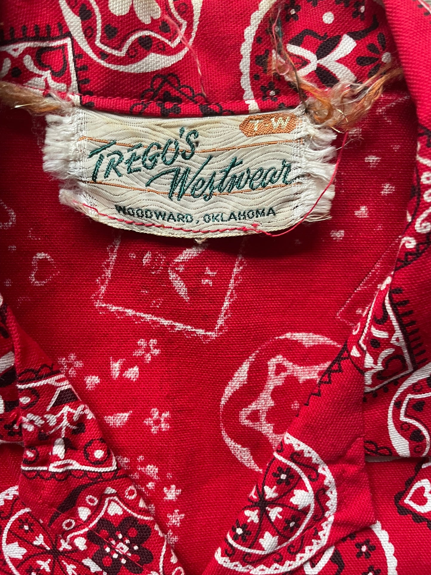 Tag view of Vintage Tregos Red Bandana Dress SZ S | Barn Owl Vintage Dresses| Seattle Vintage Dresses