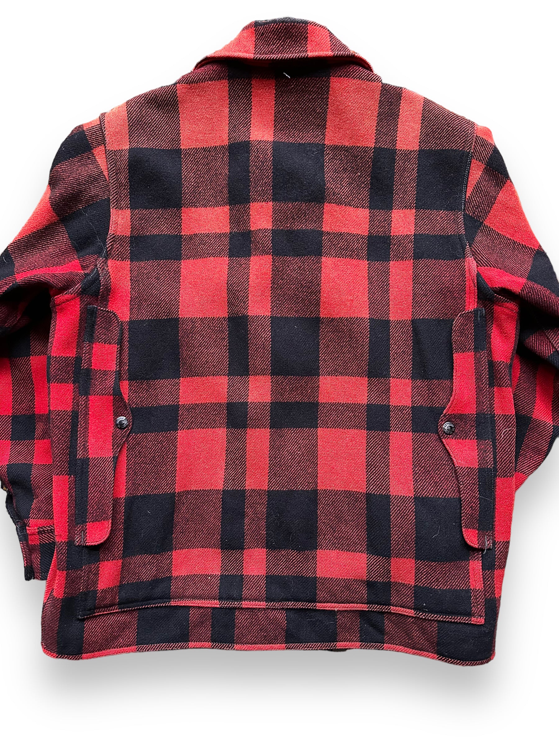 Rear Detail on Vintage Sun Faded Union Made Filson  Red and Black Mackinaw Cruiser SZ 44 |  Vintage Filson Mackinaw | Vintage Filson Workwear Seattle