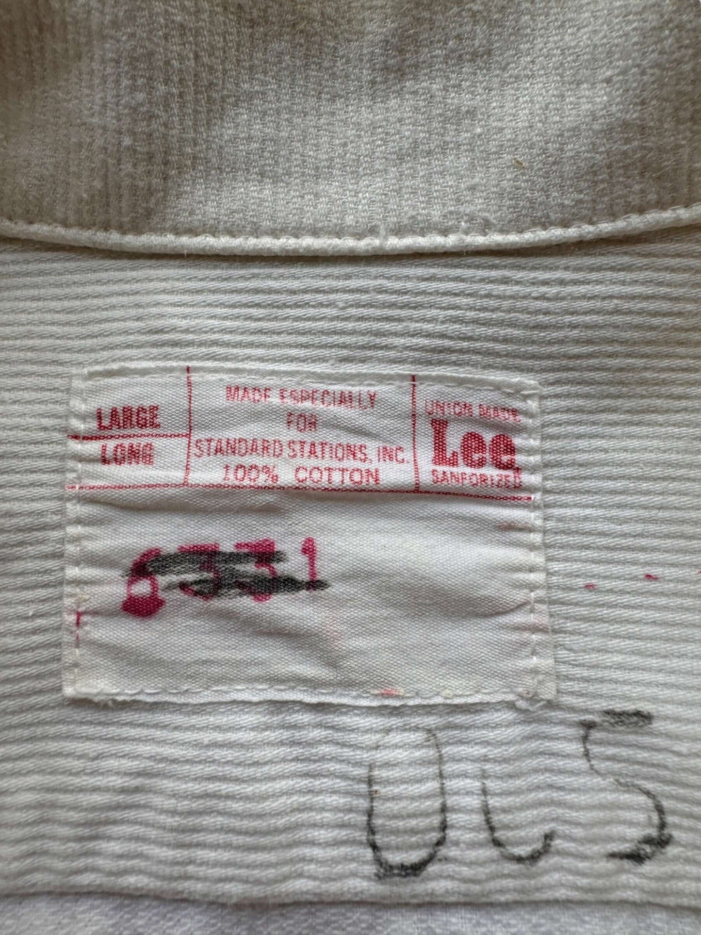 Tag on Vintage Lee White Pique Cloth Sanforized Work Shirt SZ L Long