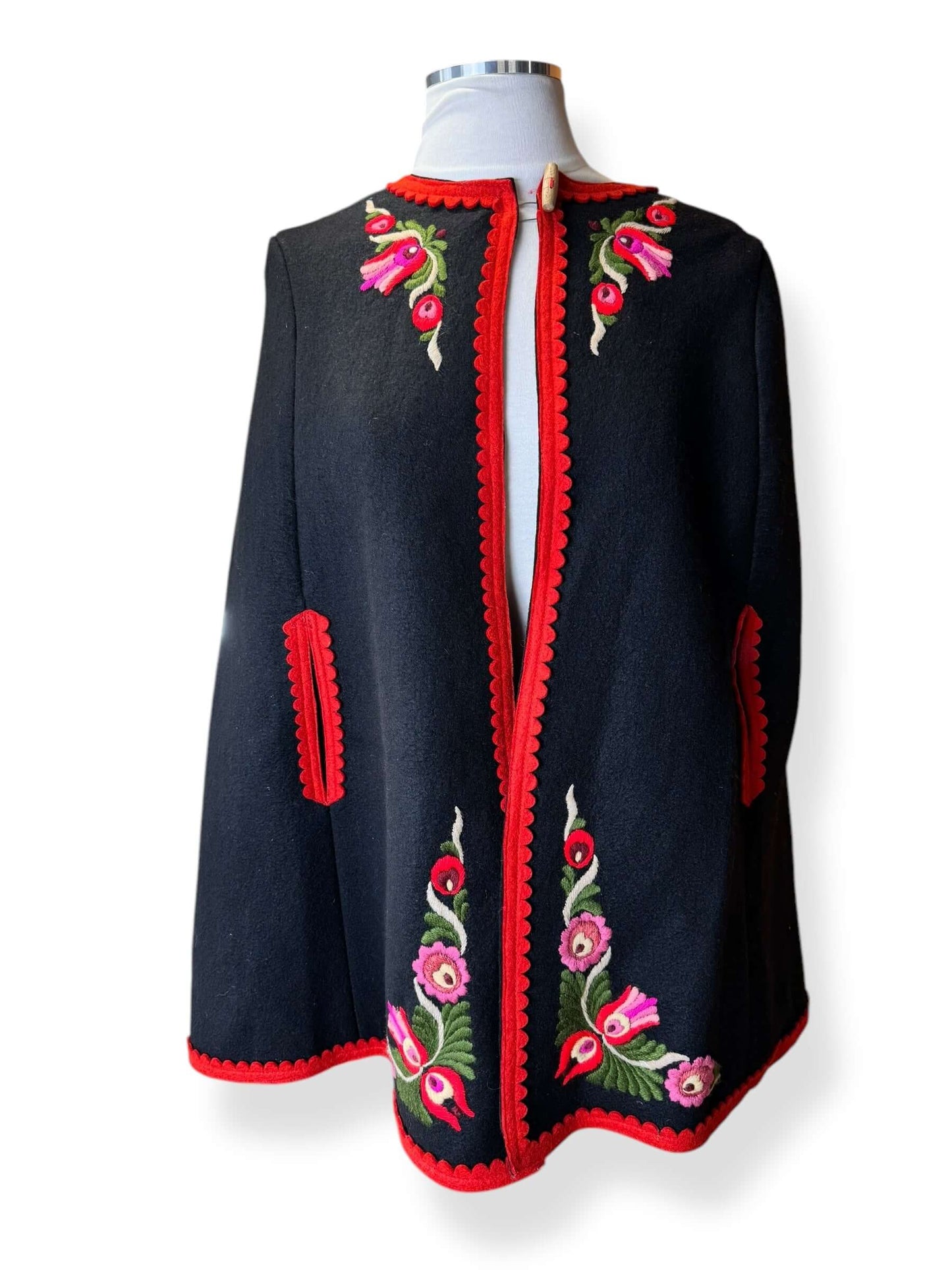 Fronnt of Vintage Hungarian Embroidered Wool Cape M