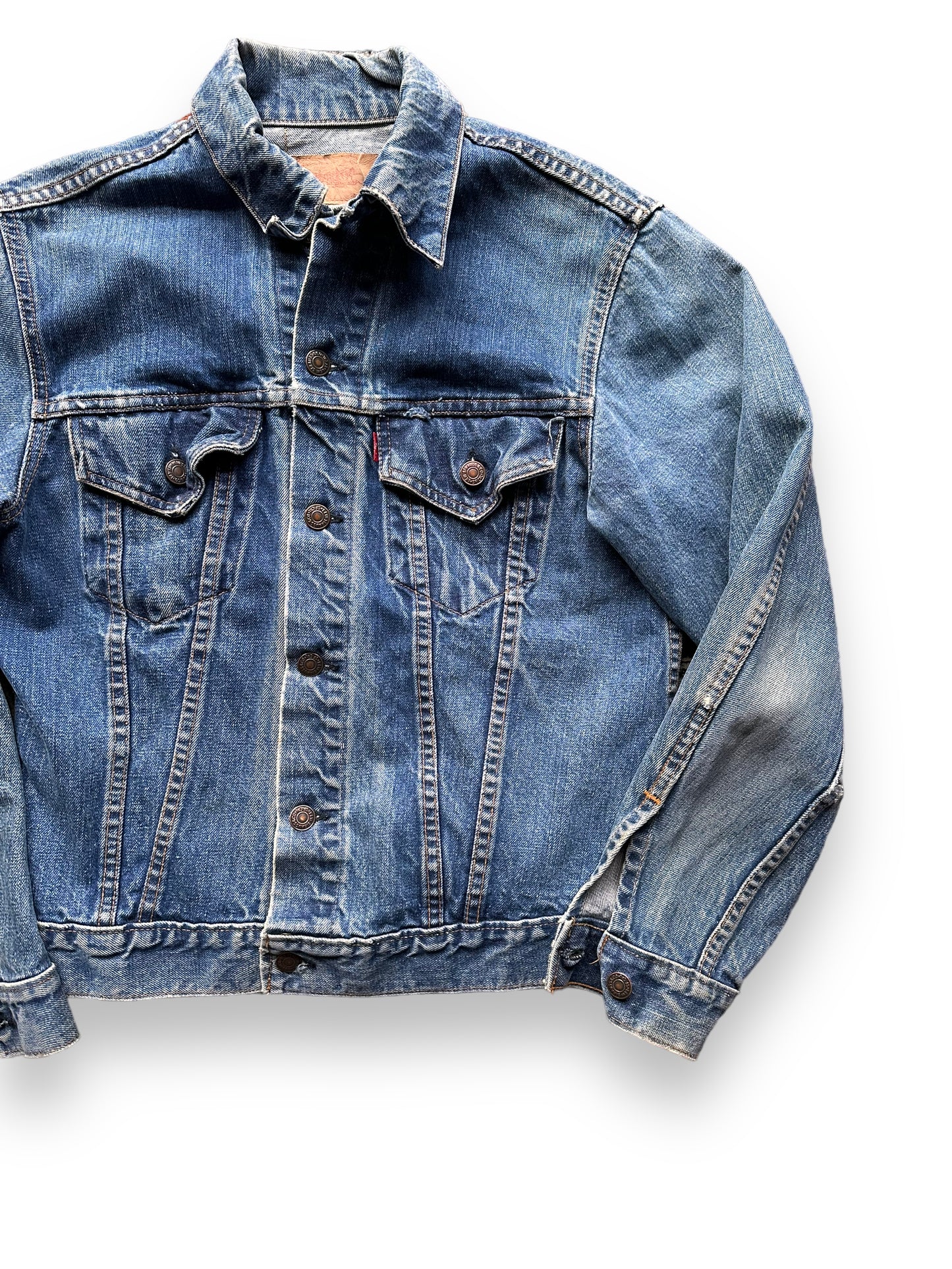 Front Left View of Vintage Levis Type 3 Denim Trucker Jacket SZ L | Vintage Levis Jacket Seattle | Seattle Vintage Denim Clothing
