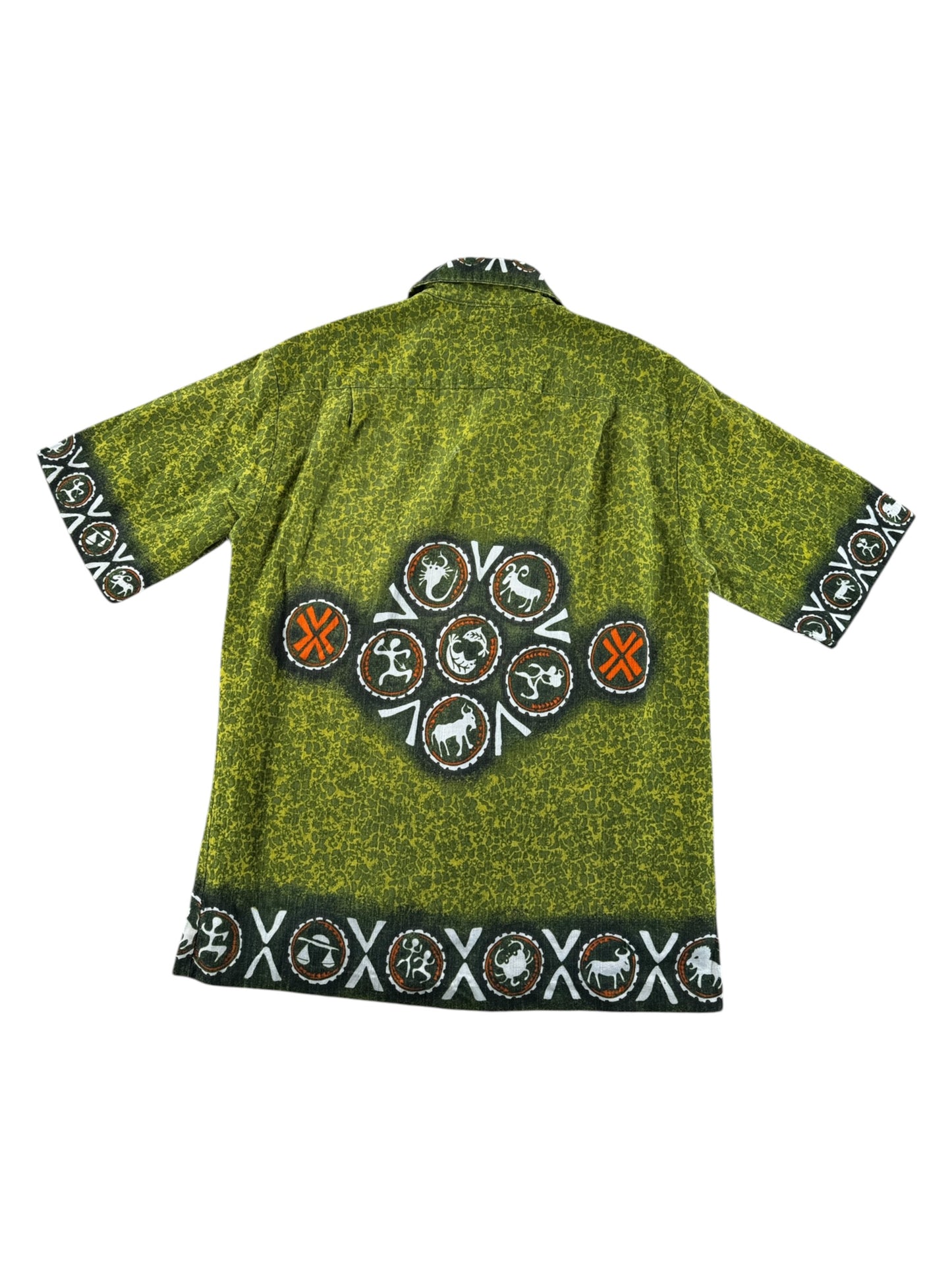 Back of Vintage Keone Sportswear Astrological Barkcloth Aloha Shirt SZ M