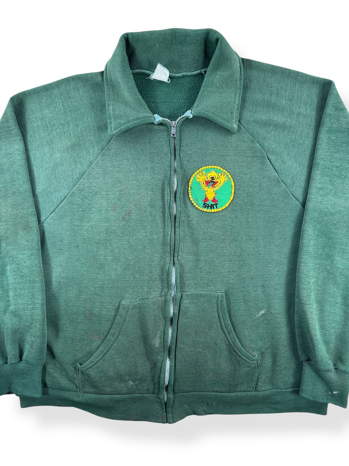 Front Close Up of Vintage Green Shit Zip Up Sweatshirt SZ M