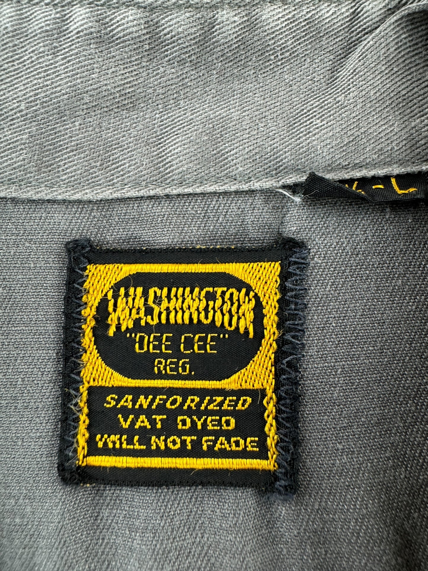 Label on Vintage Washington "Dee-Cee" Vat Dyed Grey Twill Shirt SZ L