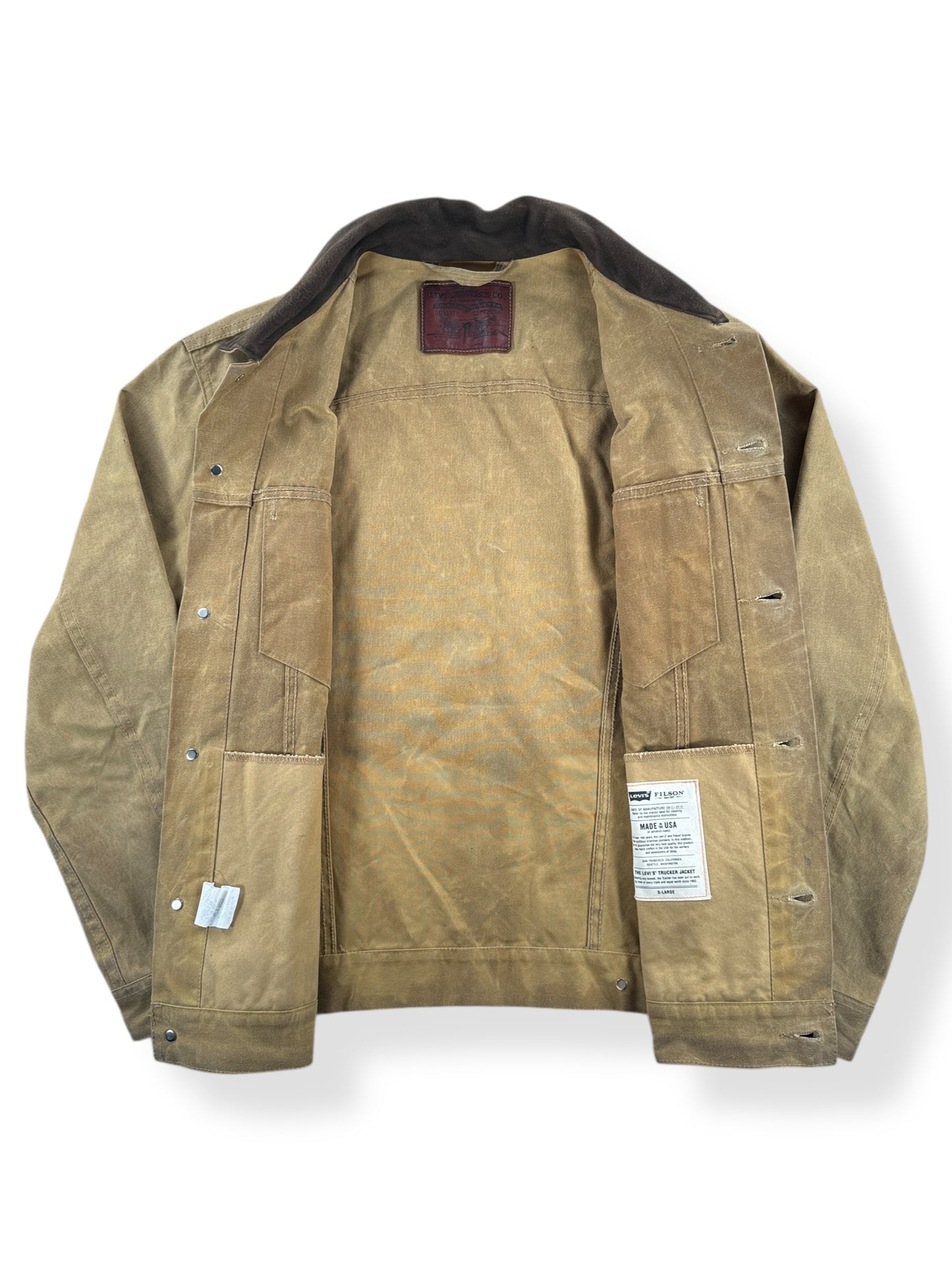 Inside of Modern FIlson X Levis Tan Trucker Jacket SZ XL