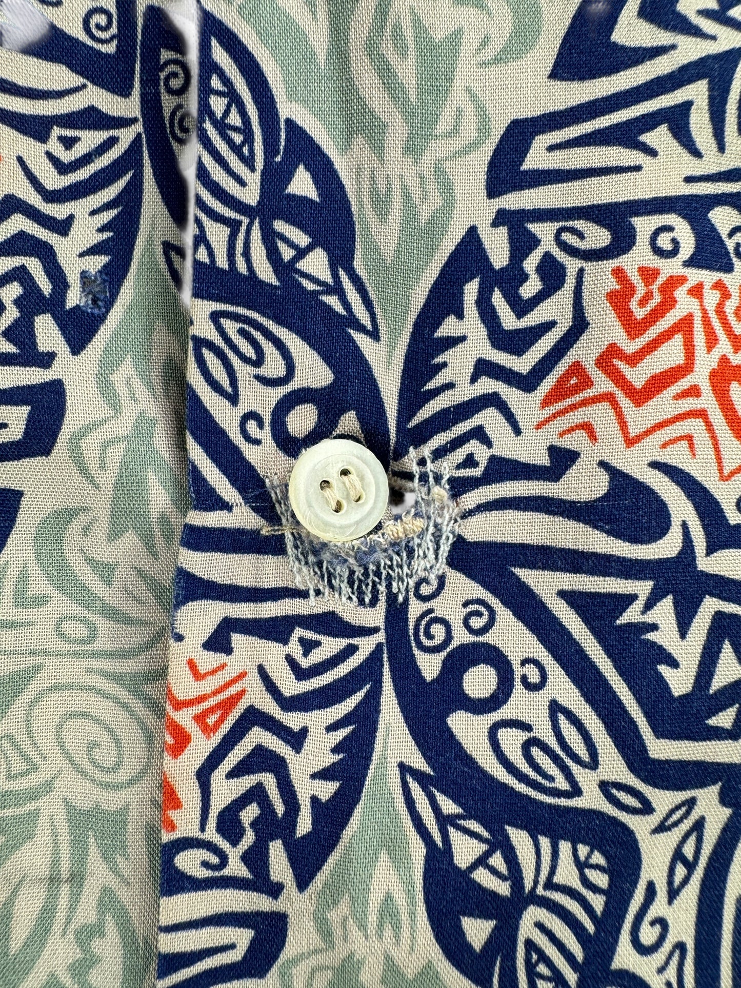 Repaired Buttonhole on Vintage Repaired Arrow Sanforset Rayon Aloha Shirt SZ L