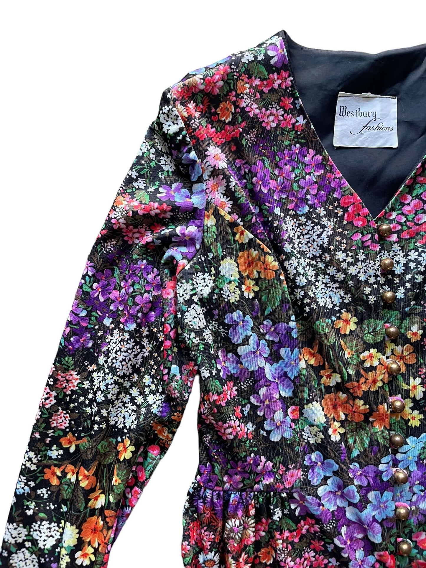 Front top right side view of Vintage 1960s Westbury Fashions Floral Dress SZ L | Barn Owl Vintage Dresses | Seattle Vintage Ladies Clothing