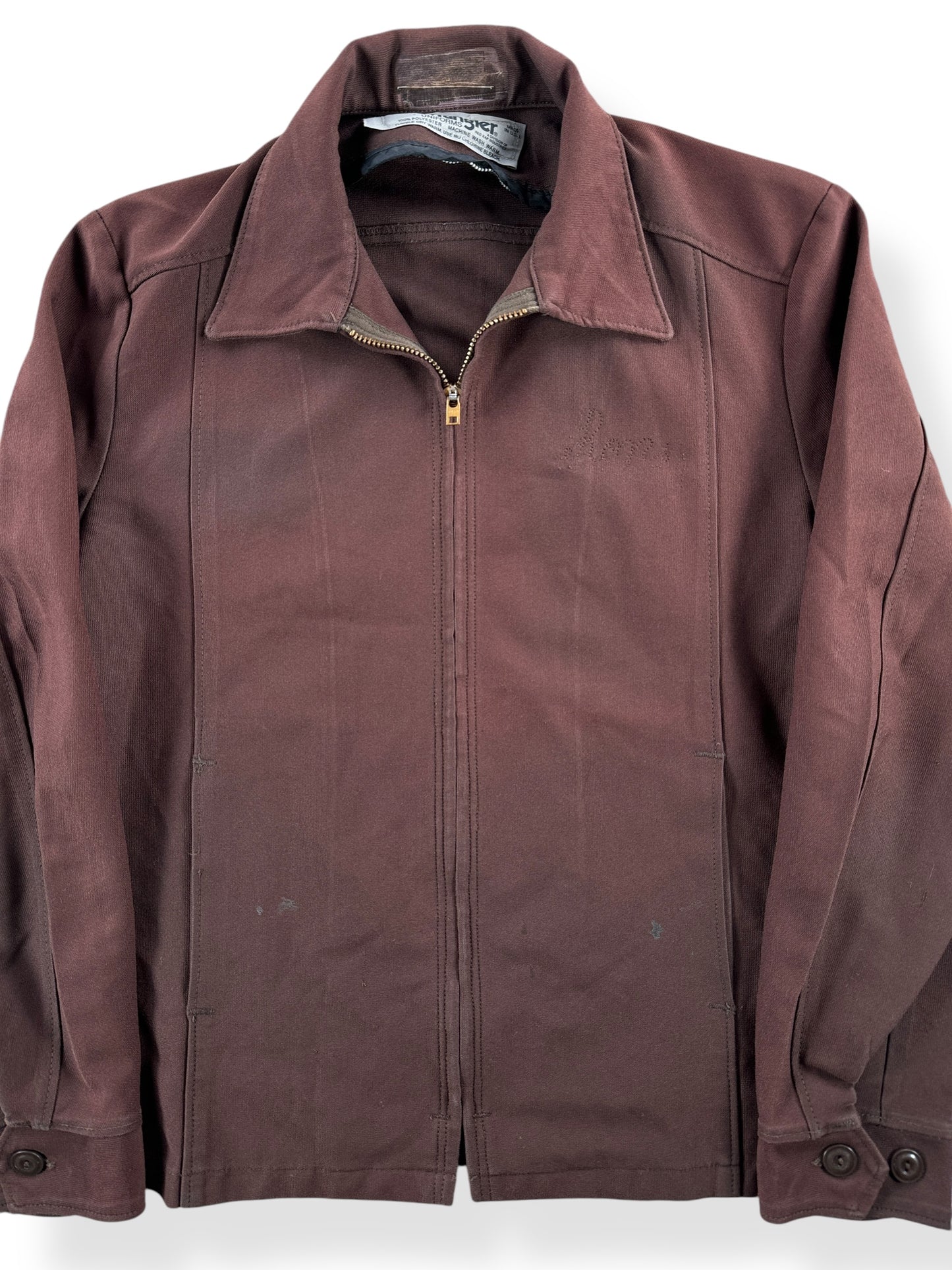Front Close Up of Vintage Brown Wrangler Gas Station Jacket SZ 38