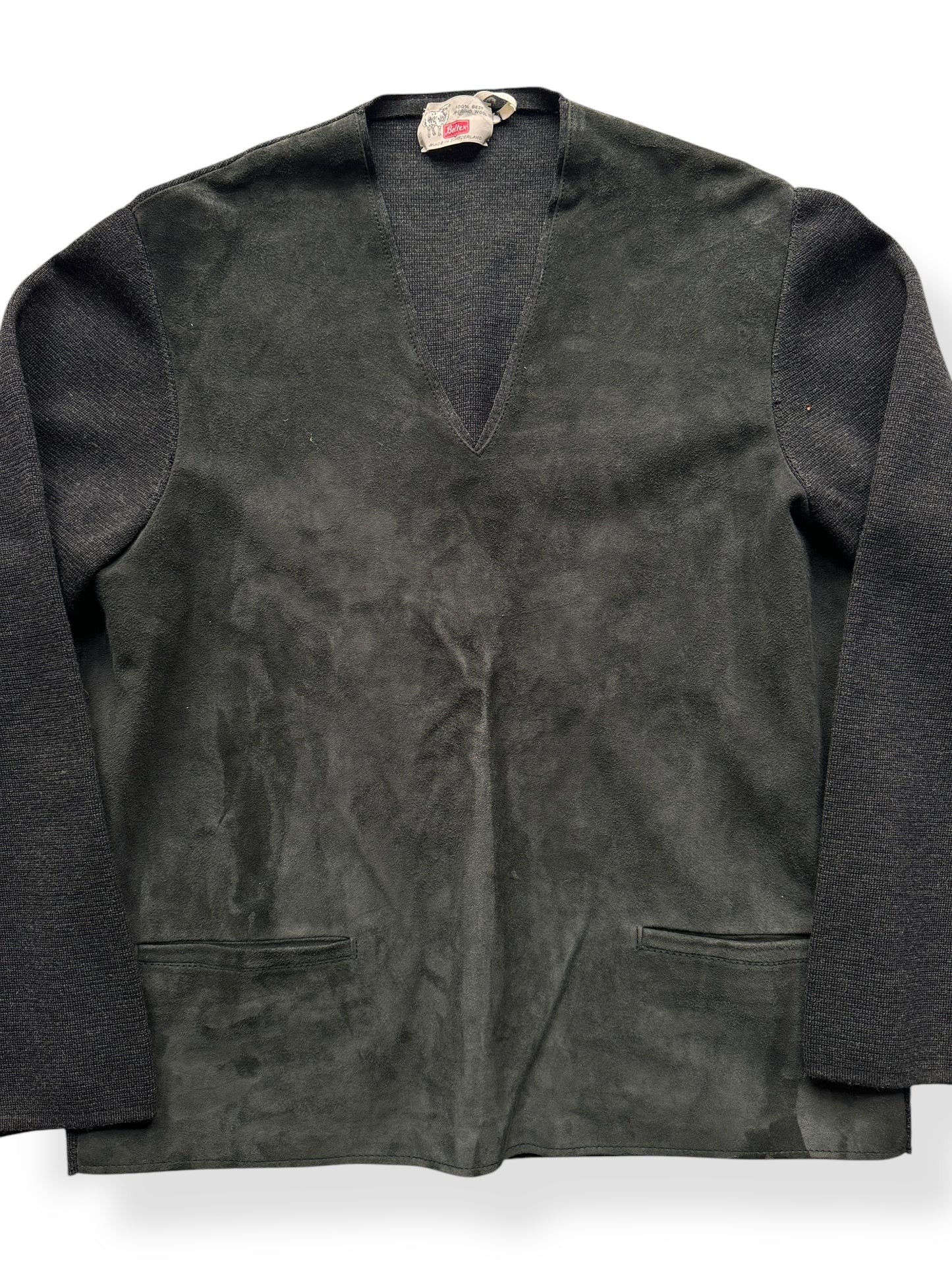 Front Close Up of Vintage Beltex Merino Wool/Suede Pullover SZ L