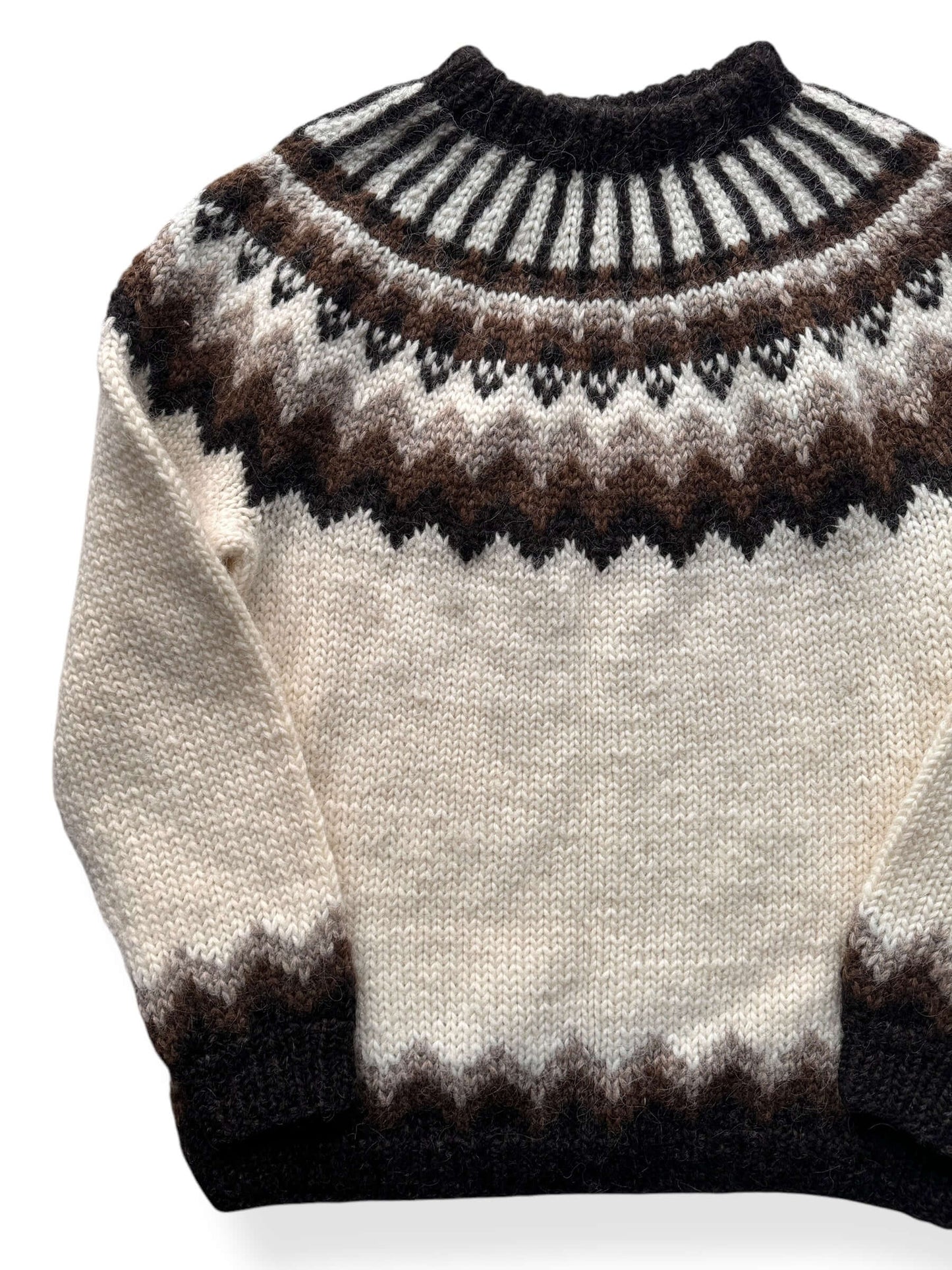 Front Right of Vintage Brown & Cream Handknit Icelandic Sweater SZ XL
