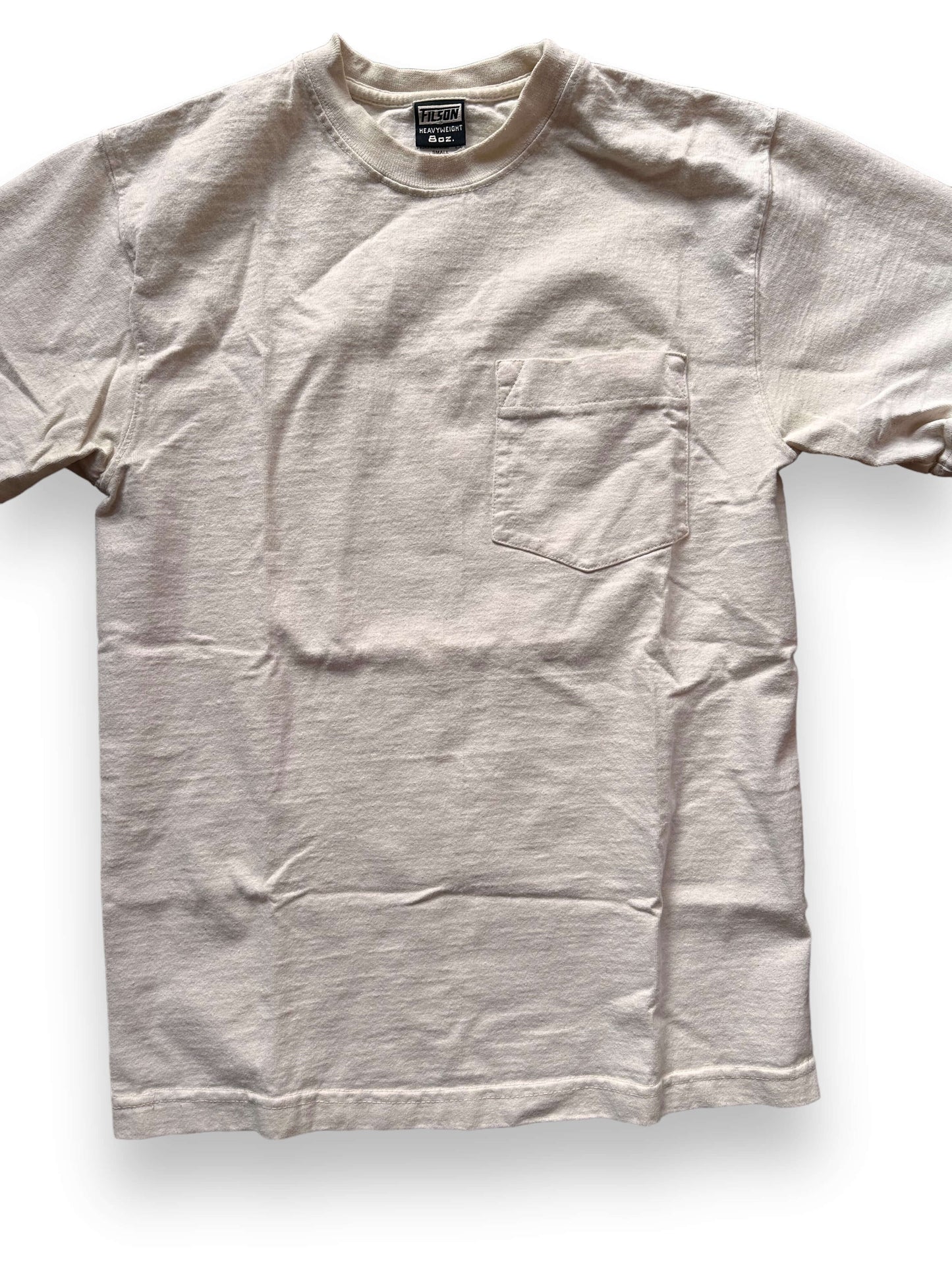 Front Detail of White Filson Loopwheel Heavyweight Cotton Pocket Tee SZ S | Barn Owl Vintage Goods | Vintage Filson Workwear Seattle