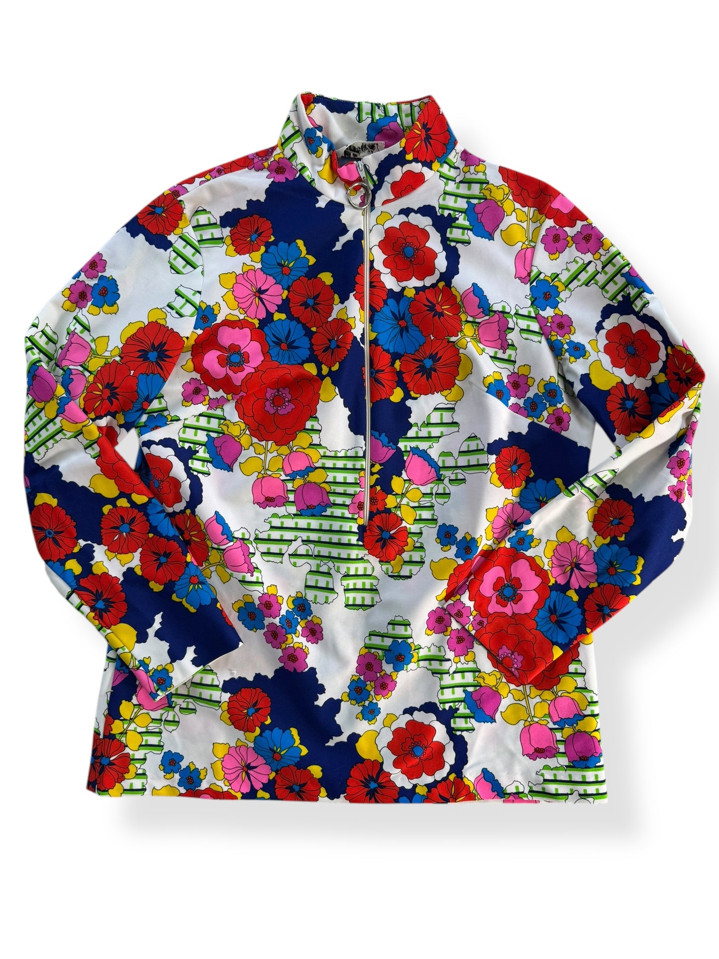 Front view of 1960s Terry of Chicago Floral Poly Zip Up M