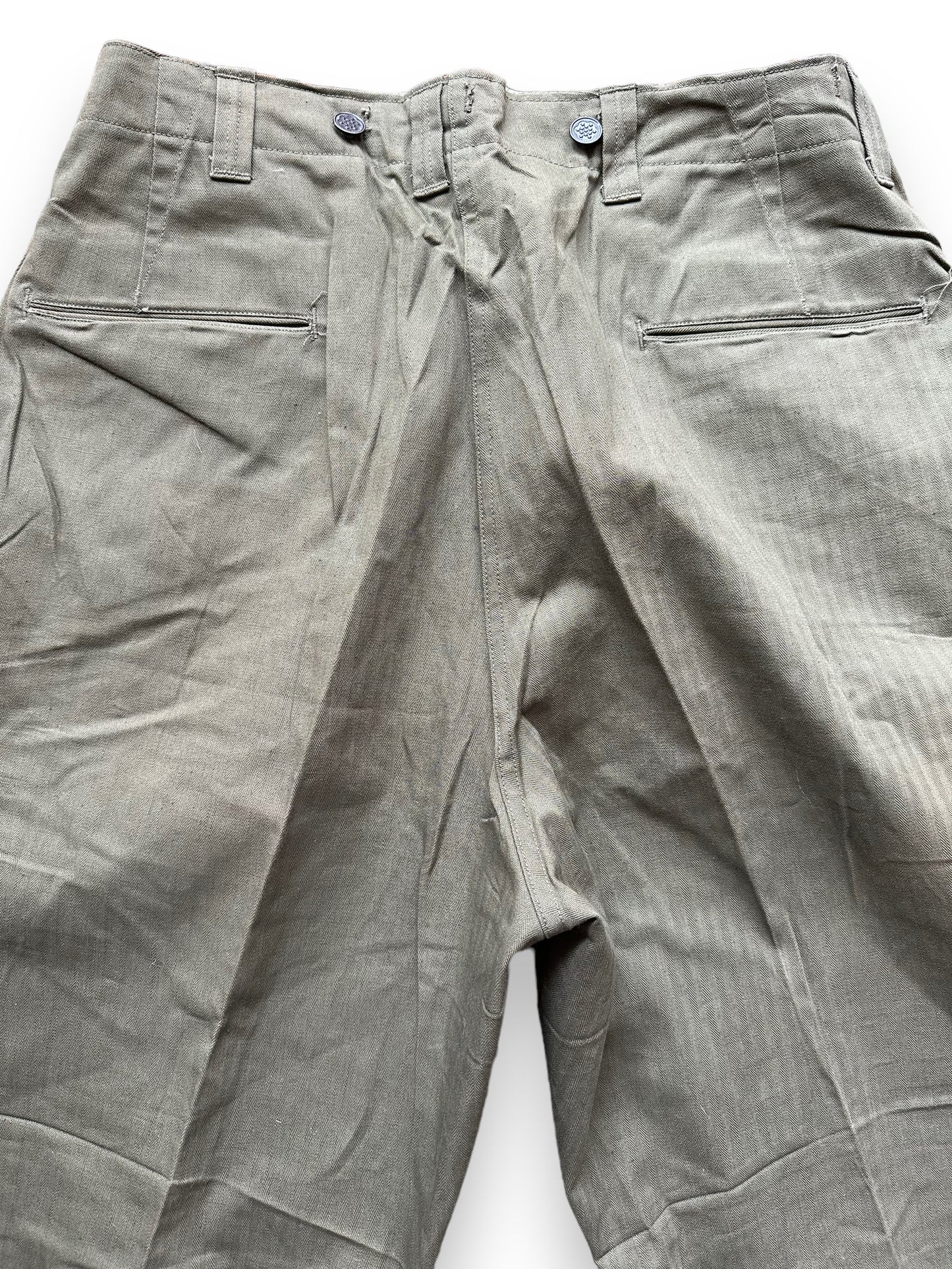 Upper Rear View of Vintage WWII M-43 HBT Field Cotton Trousers Olive Drab W34 | Barn Owl Vintage Seattle | Vintage Military Trousers Seattle
