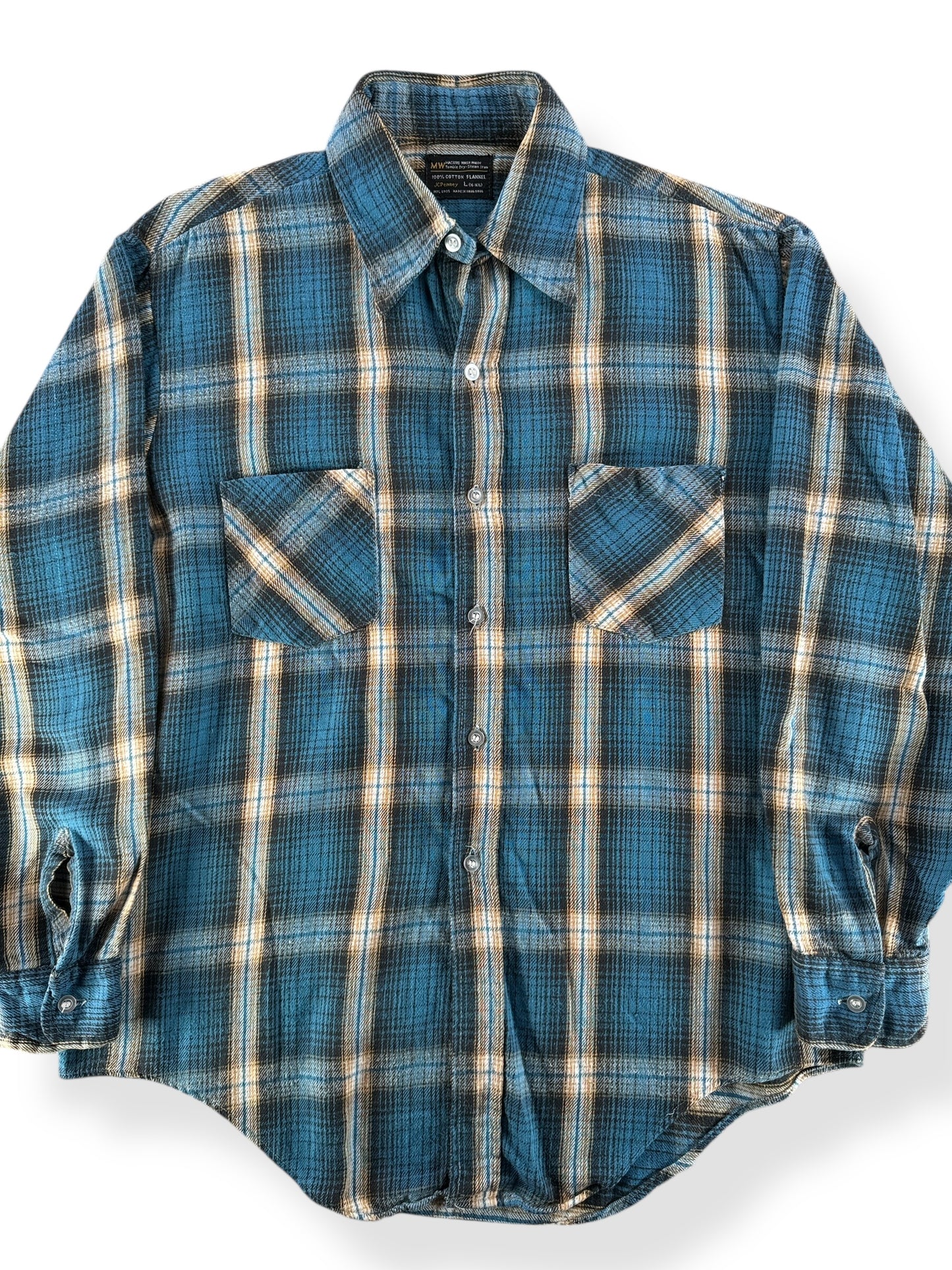 Front Close Up of Vintage Blue and Beige Penney's Cotton Flannel SZ L