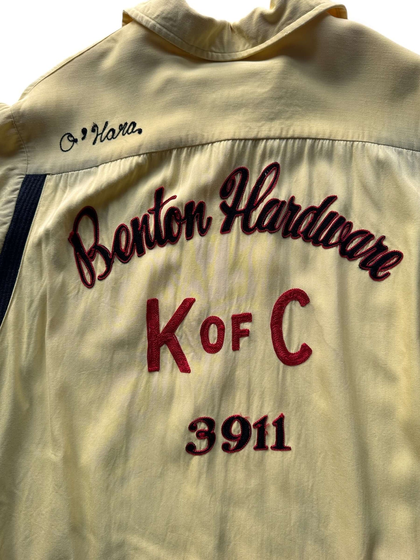 Back of Vintage Benton Hardware Knights of Columbus Bowling Shirt SZ L AS IS