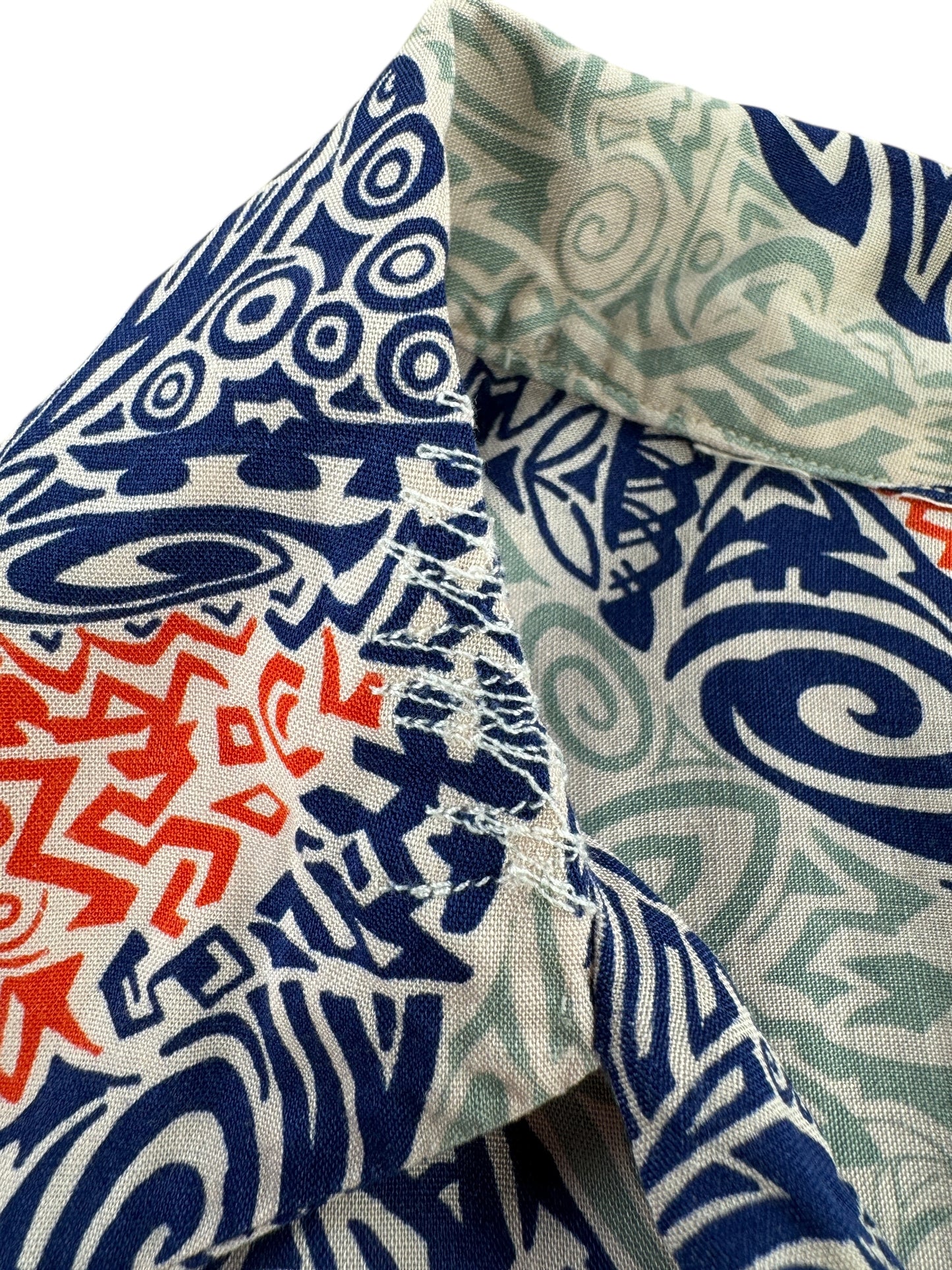 Repair on Collar of Vintage Repaired Arrow Sanforset Rayon Aloha Shirt SZ L