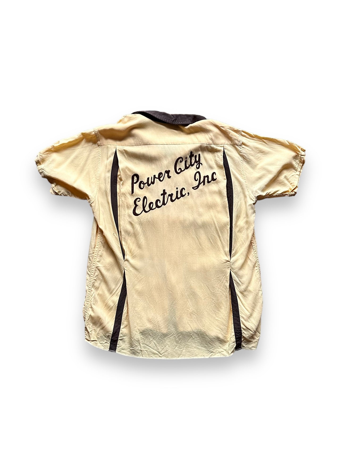 back of Vintage Power City Electric Company Rayon Bowling Shirt SZ L | Vintage Bowling Shirt Seattle | Barn Owl Vintage Seattle