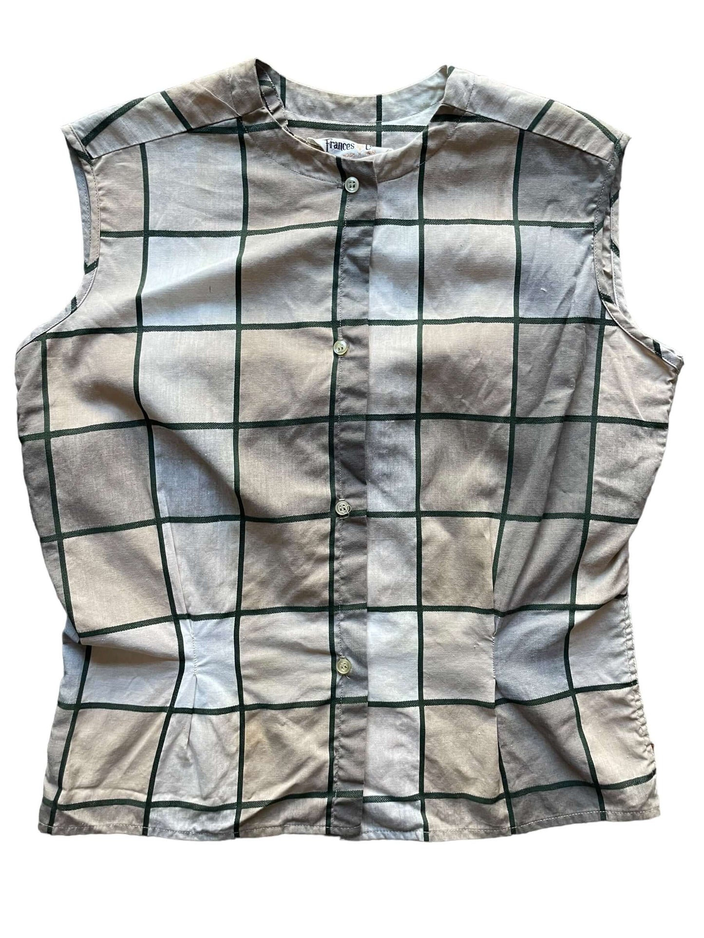 Front of 1960s Beige/Grey Sleeveless Button Up M