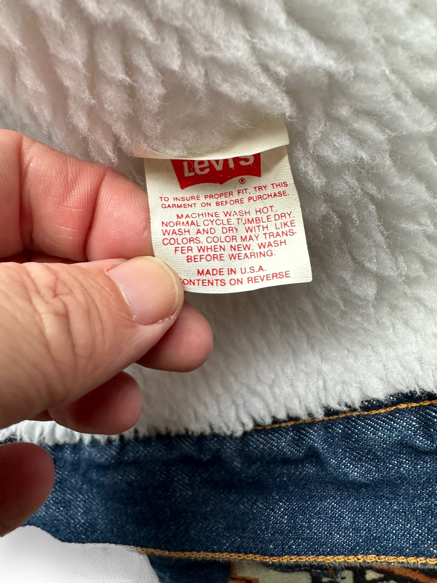 Levis Tag View on Vintage Dark Wash Levis Sherpa Type III Denim Jacket SZ 36R | Vintage Denim Workwear Seattle | Barn Owl Seattle