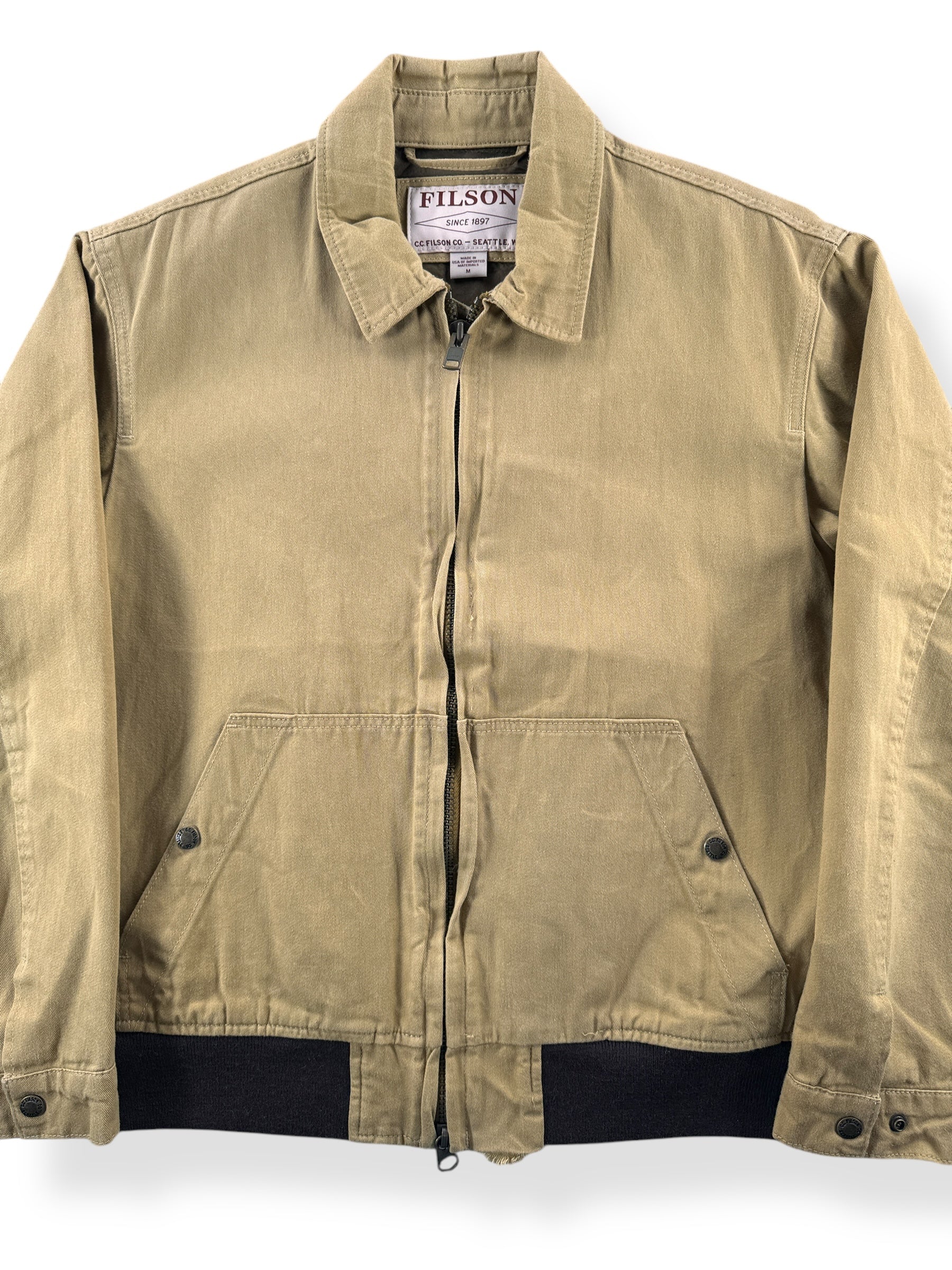 Front Close Up of Modern Filson Dry Wax Work Jacket Sample SZ M