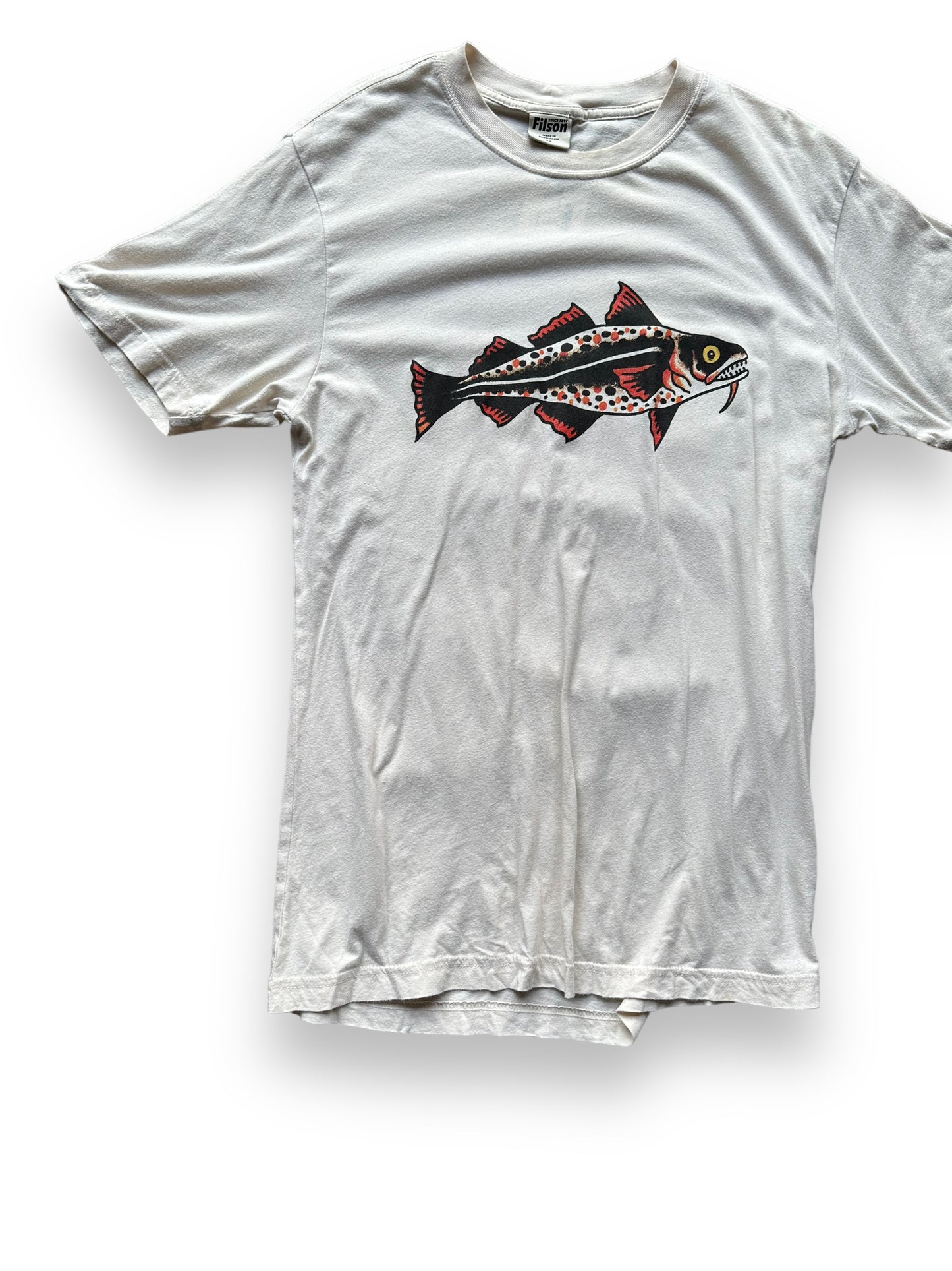 Front Right View of Filson Fish Graphic Tee SZ XS | Barn Owl Vintage Goods | Vintage Filson Workwear Seattle