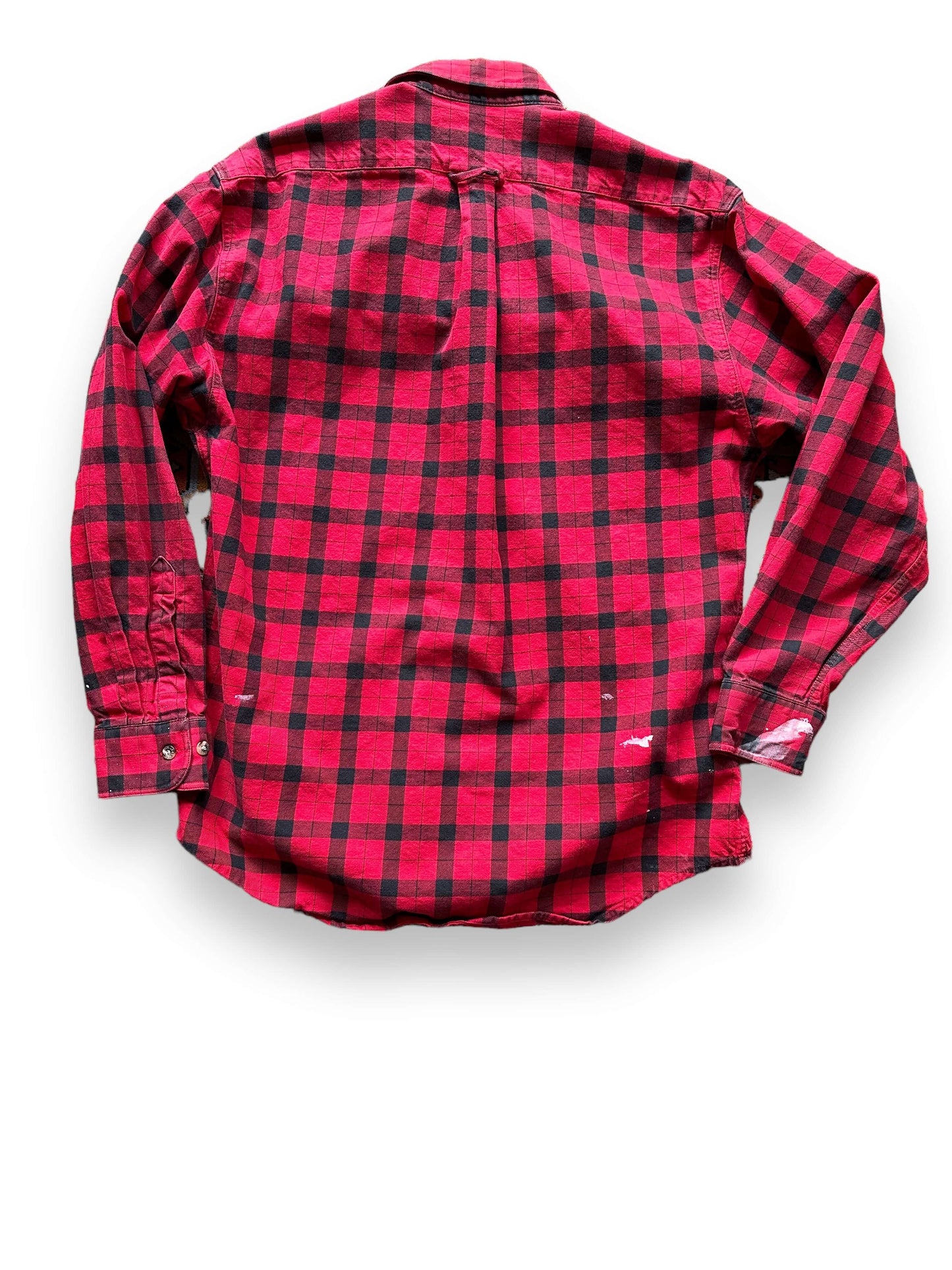 Rear View of Paint Splattered Filson Black and Red Guide Shirt SZ M | Barn Owl Vintage Goods | Vintage Filson Workwear Seattle
