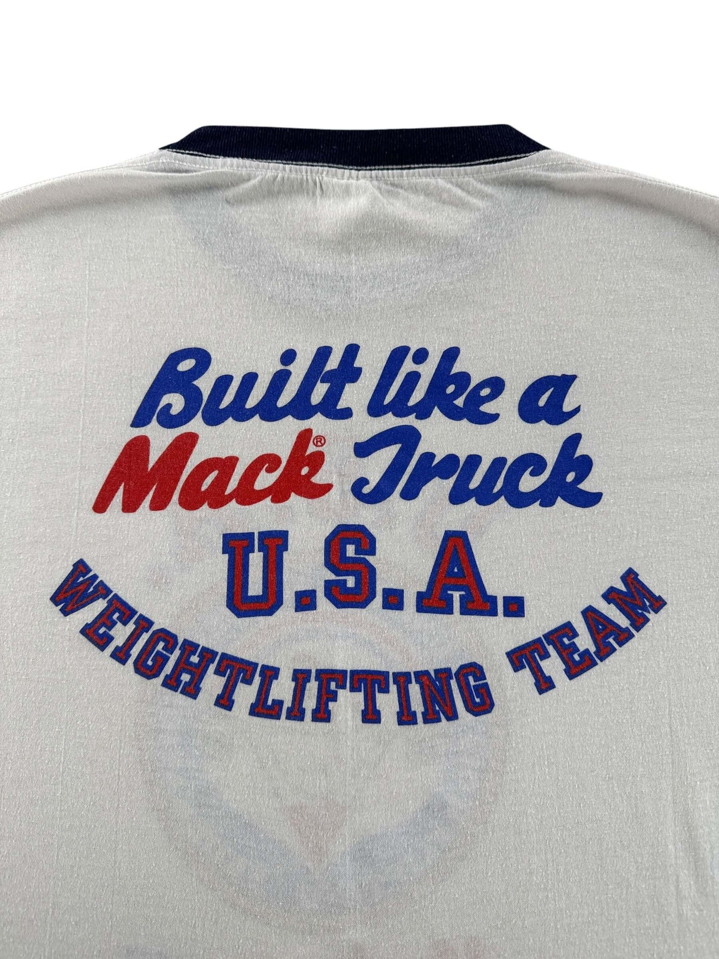 Back Graphic of Vintage Mack Truck Weightlifting Tee SZ XL (Fits L)