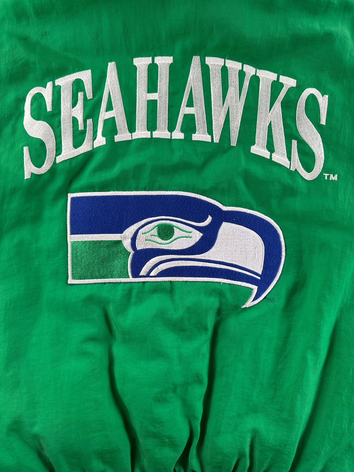 Embroidered seahawks logo on back of Vintage Seattle Seahawks Pullover Jacket SZ L