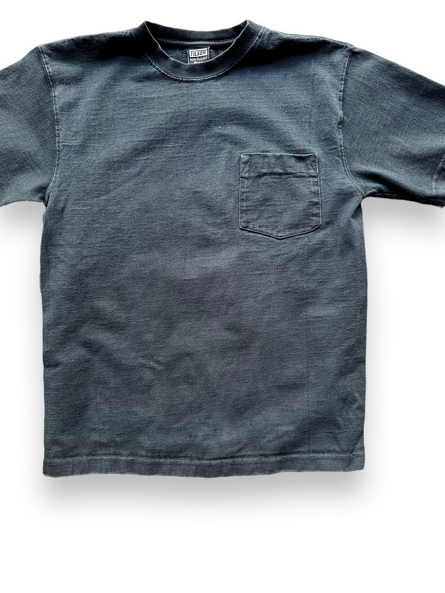 Front Detail on Black Filson Loopwheel Heavyweight Cotton Pocket Tee SZ M | Barn Owl Vintage Goods | Vintage Filson Workwear Seattle