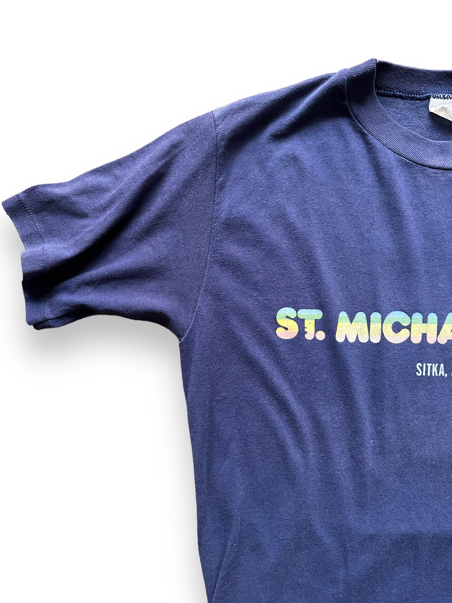 Front Right Shoulder View of Vintage St. Michael's Sitka Alaska Tee SZ M | Vintage Alaska T-Shirts Seattle | Barn Owl Vintage Clothing Seattle