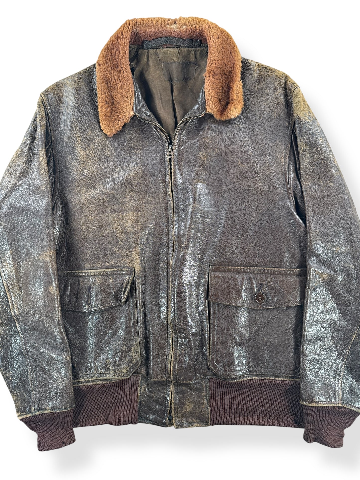 Front Close Up of Vintage USN G-1 Leather Jacket SZ L