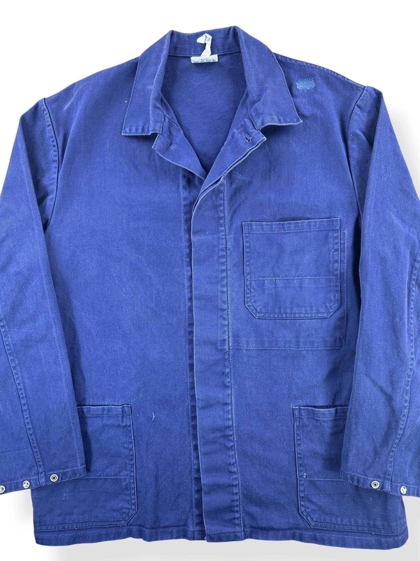 Front Close Up of Vintage Repaired Euro Work Coat SZ L