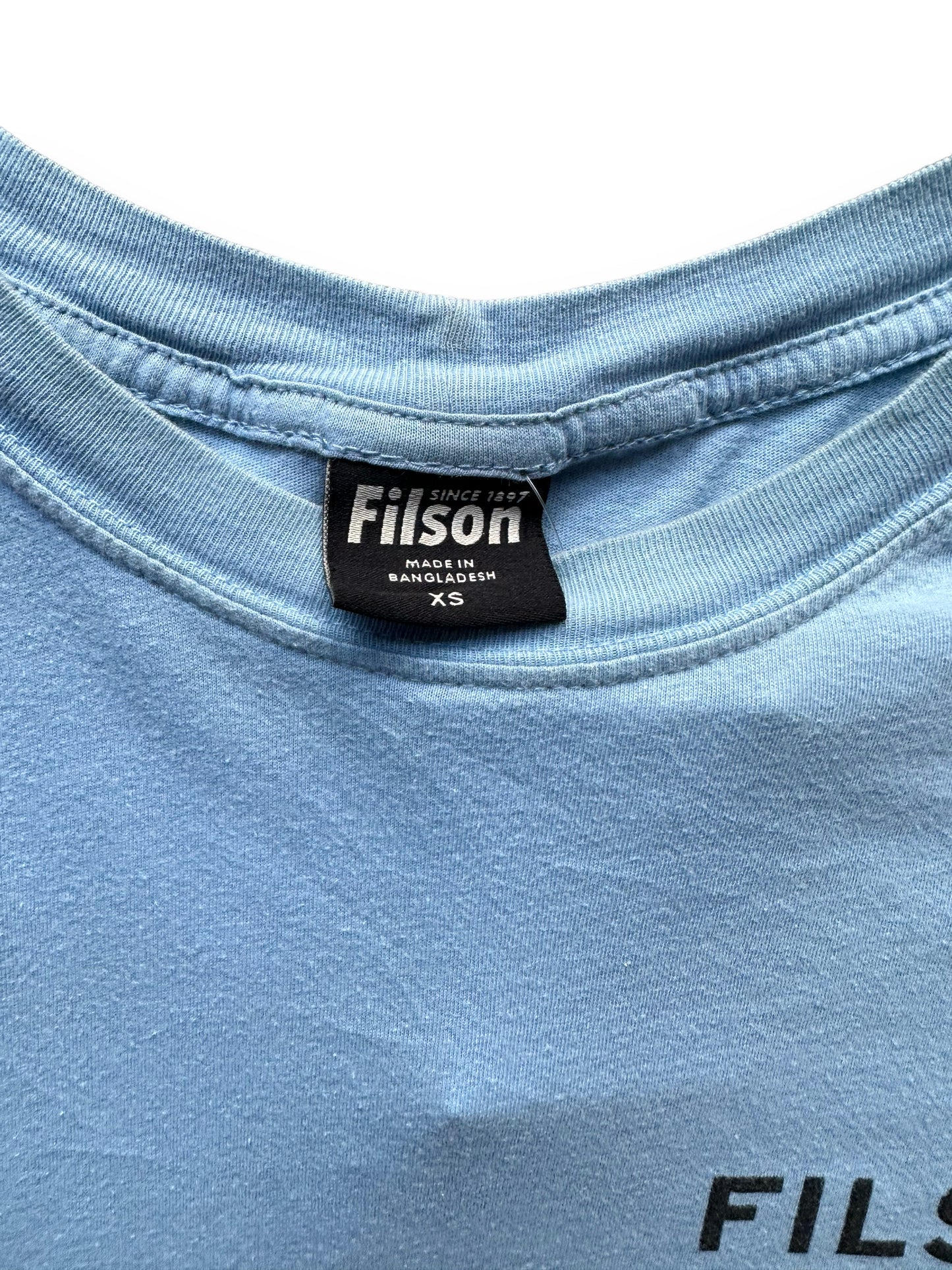 Tag View of Light Blue Filson Eagle Graphic Tee SZ XS |  Barn Owl Vintage Goods | Vintage Filson Workwear Seattle