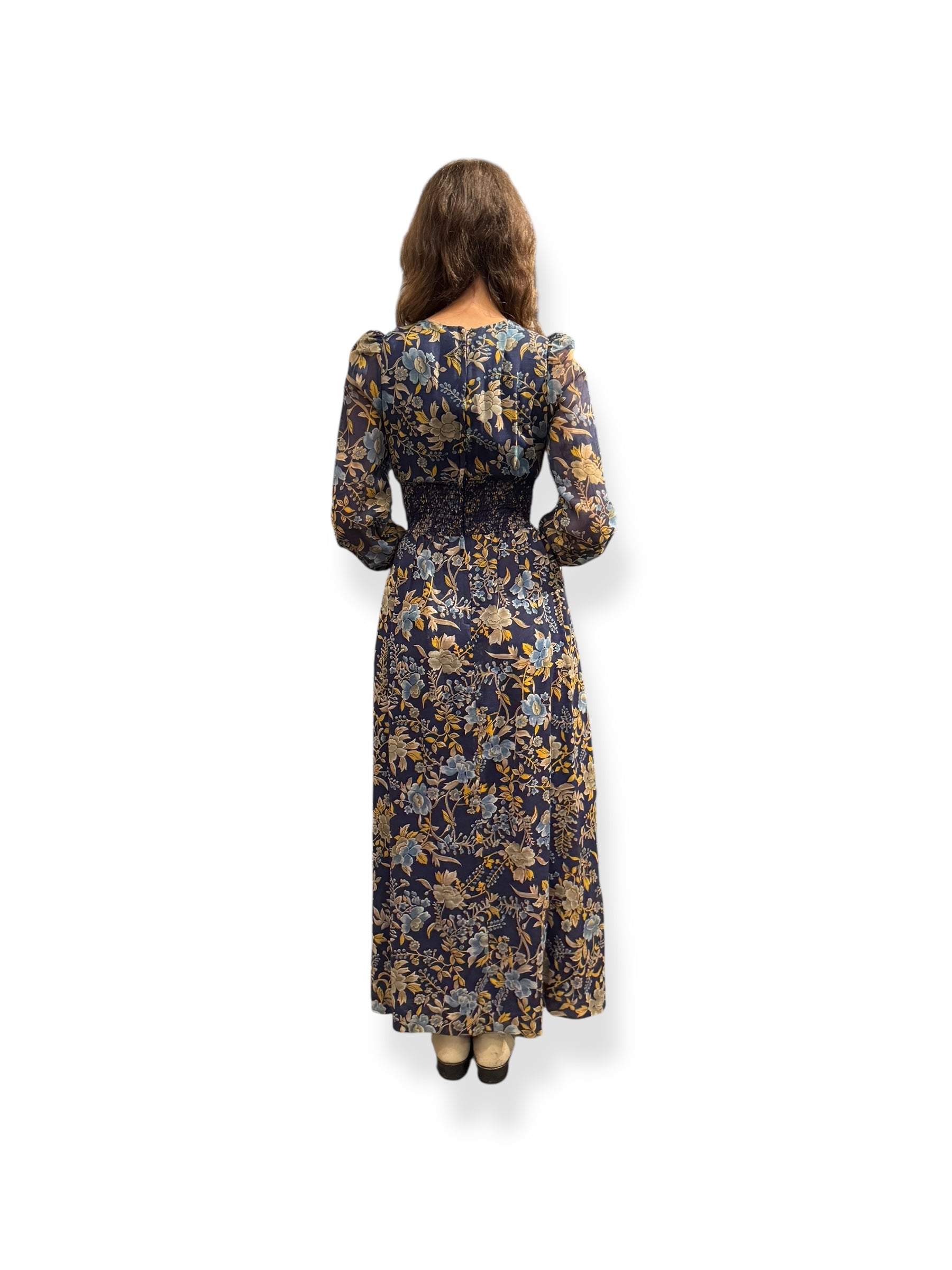 Back view of 1970s Blue Floral Maxi Dress S