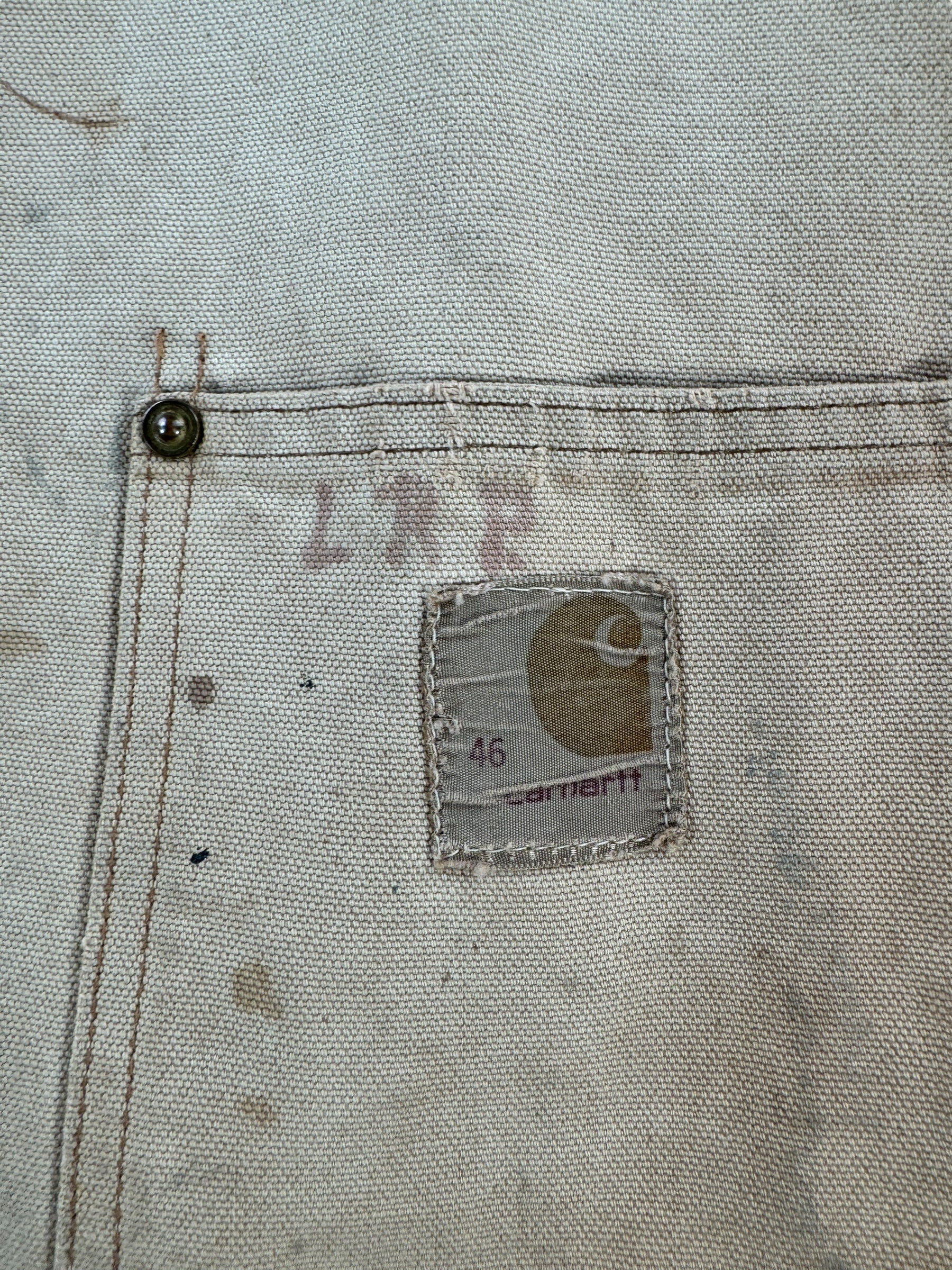 Label on Vintage 70s Era Thrashed Carhartt Chore Coat SZ 46