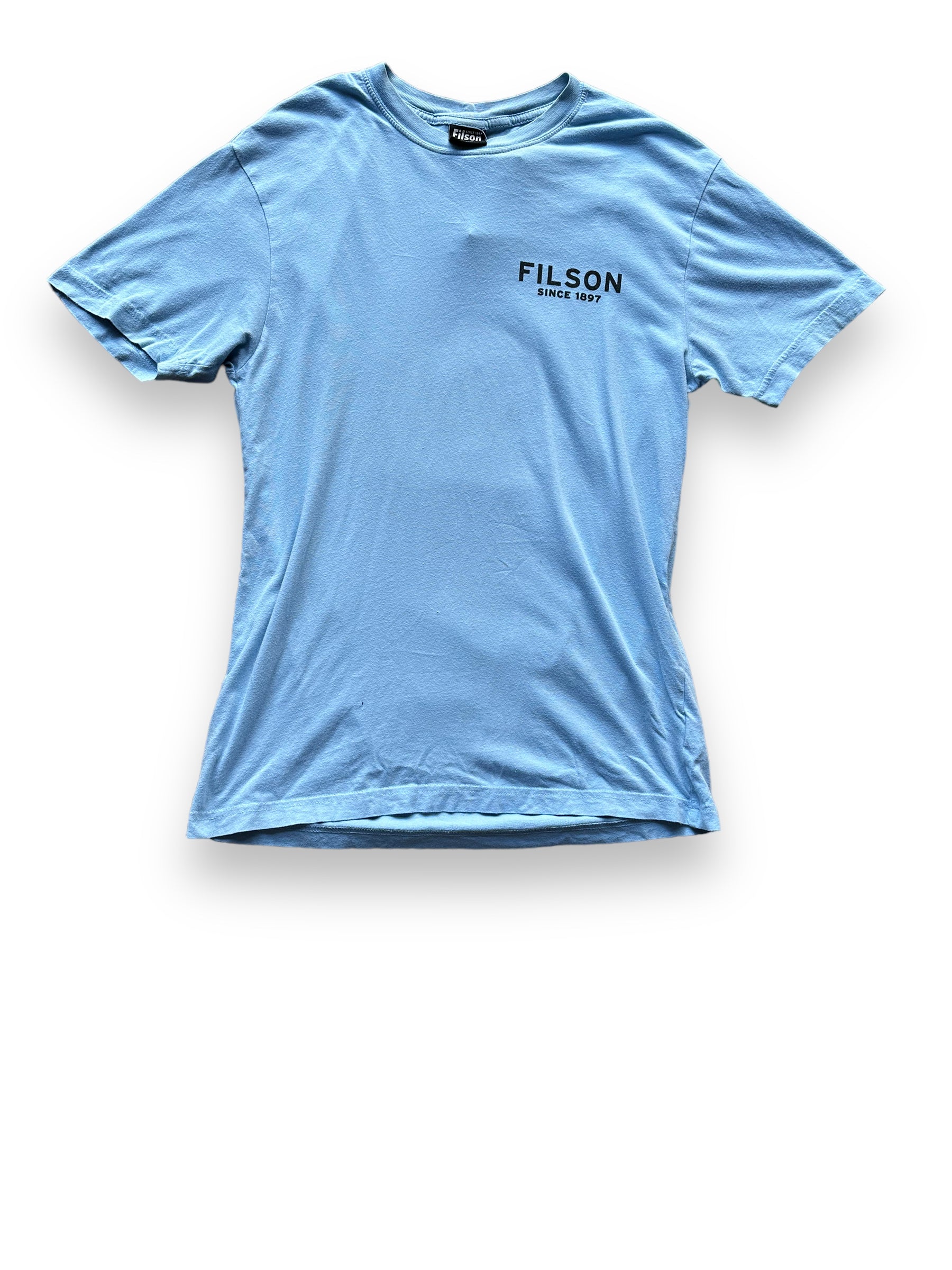 Front View of Light Blue Filson Eagle Graphic Tee SZ XS |  Barn Owl Vintage Goods | Vintage Filson Workwear Seattle