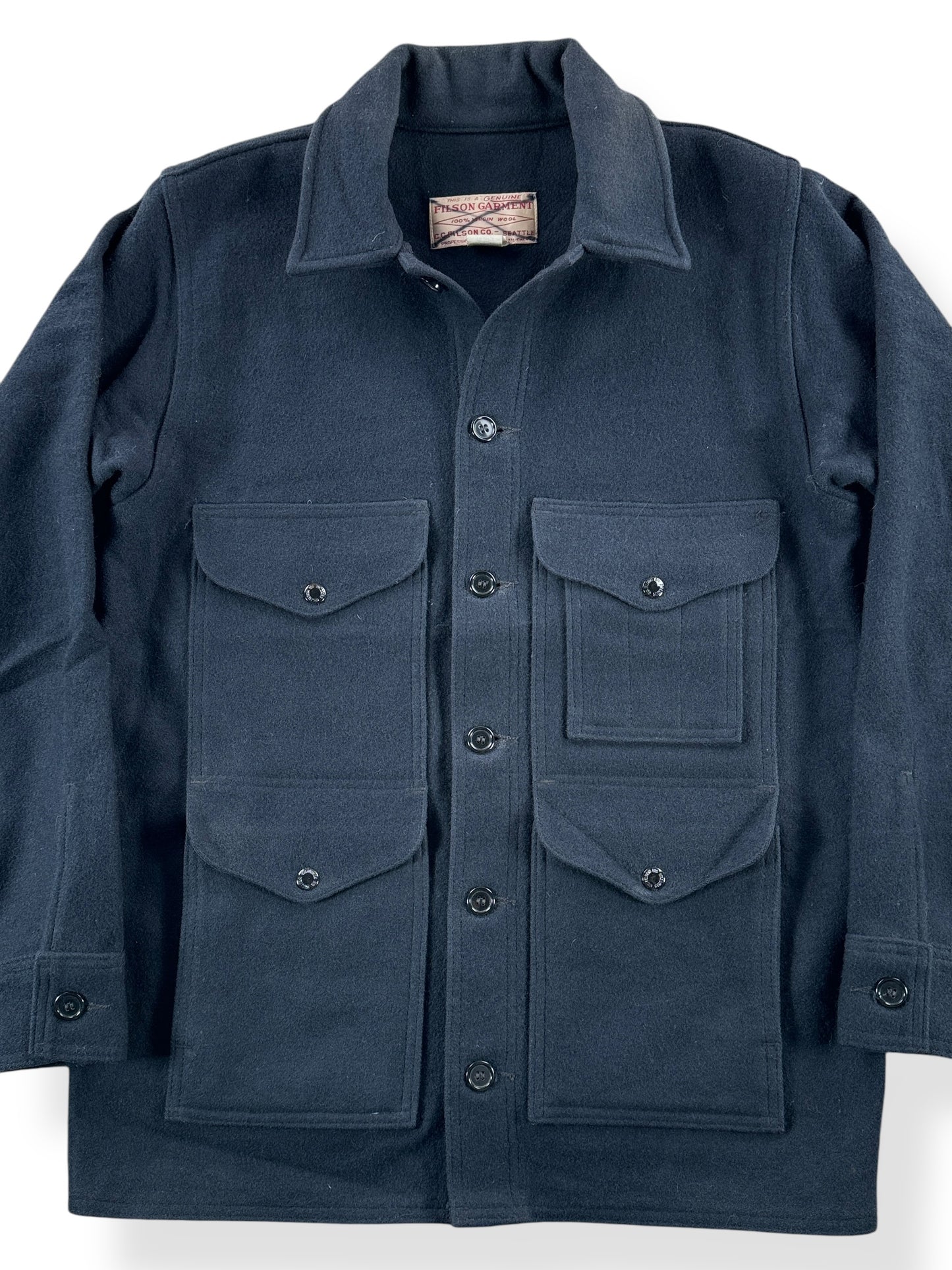 Front of Vintage Filson Black Mackinaw Wool Cruiser SZ 38