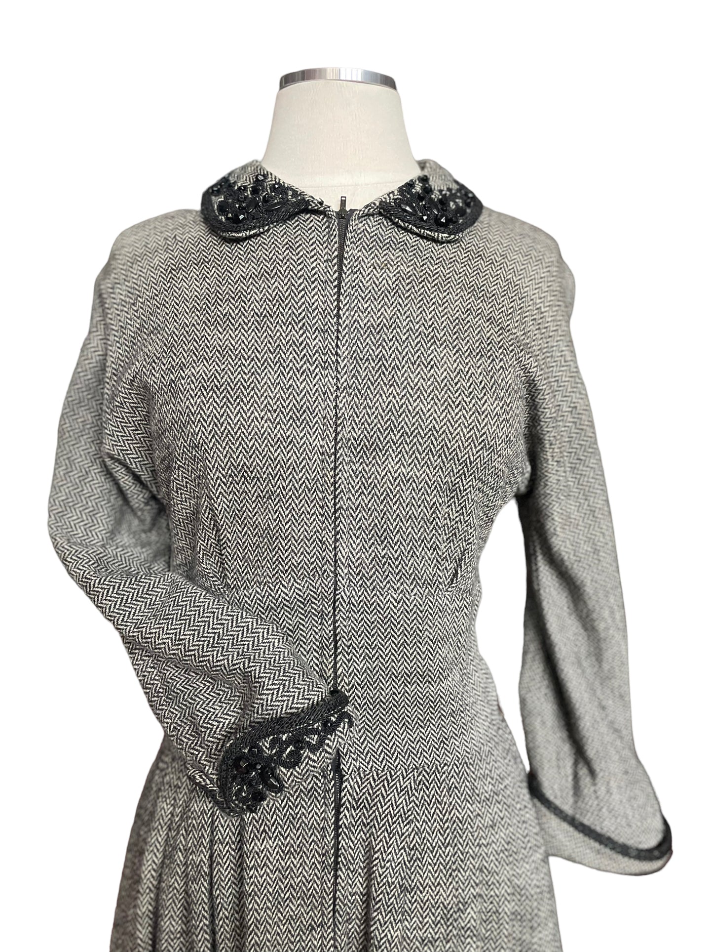 Front top view of Vintage 1940s Chevron Knit Dress with Beaded Collar | Barn Owl Vintage Dresses| Seattle Vintage Dresses