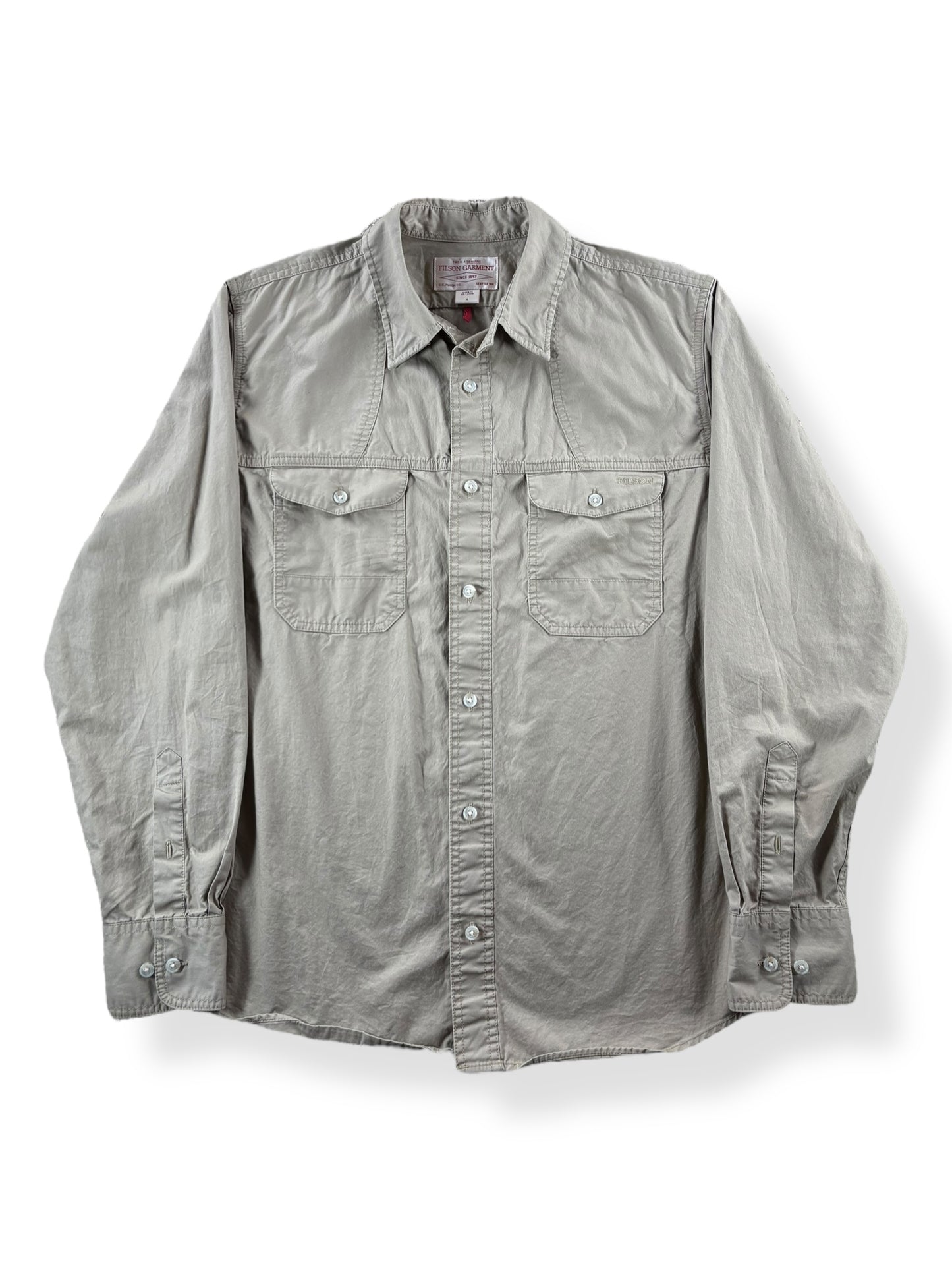 Front Close Up of Modern Filson Khaki Safari Shirt SZ M