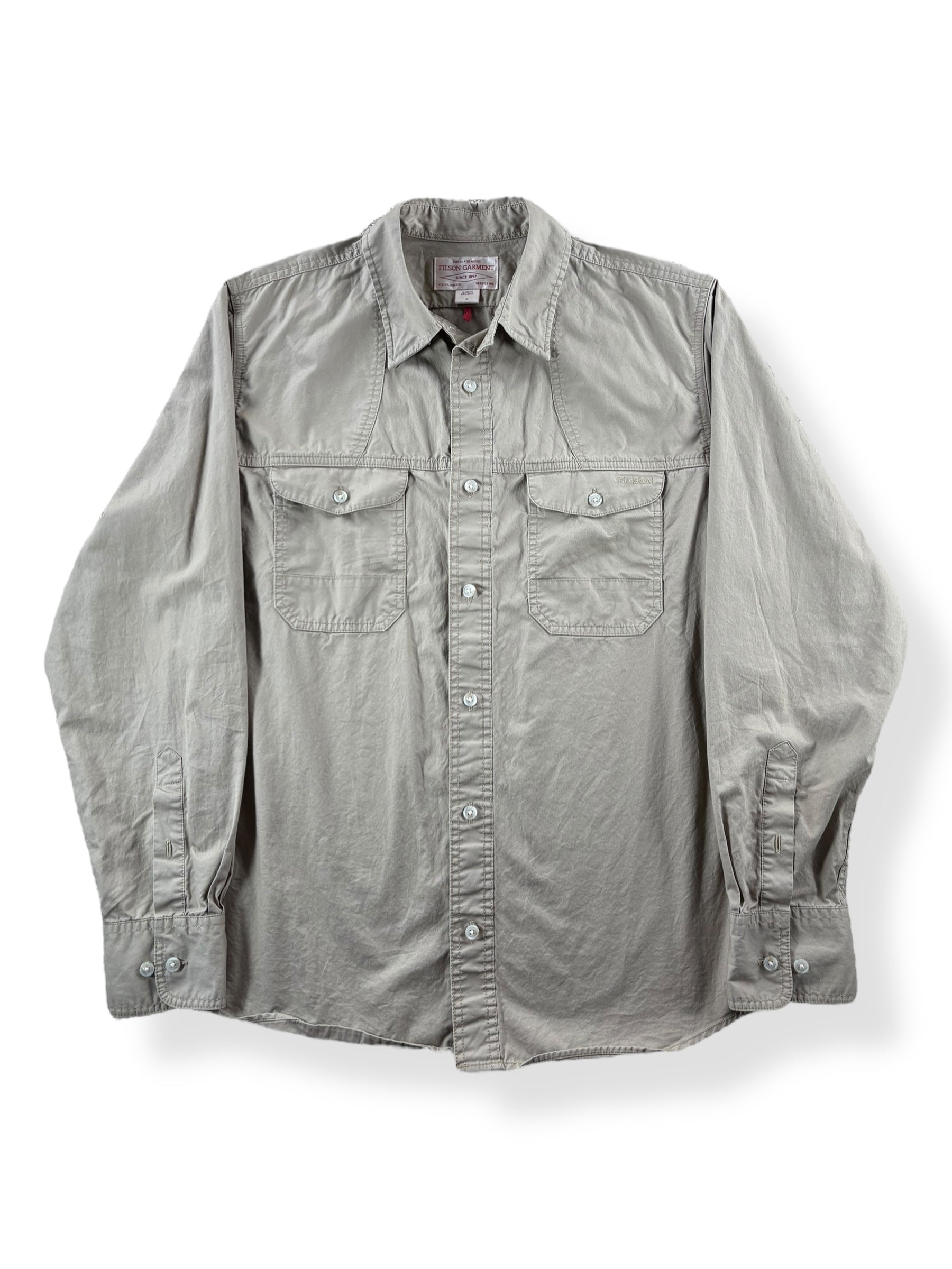 Front Close Up of Modern Filson Khaki Safari Shirt SZ M