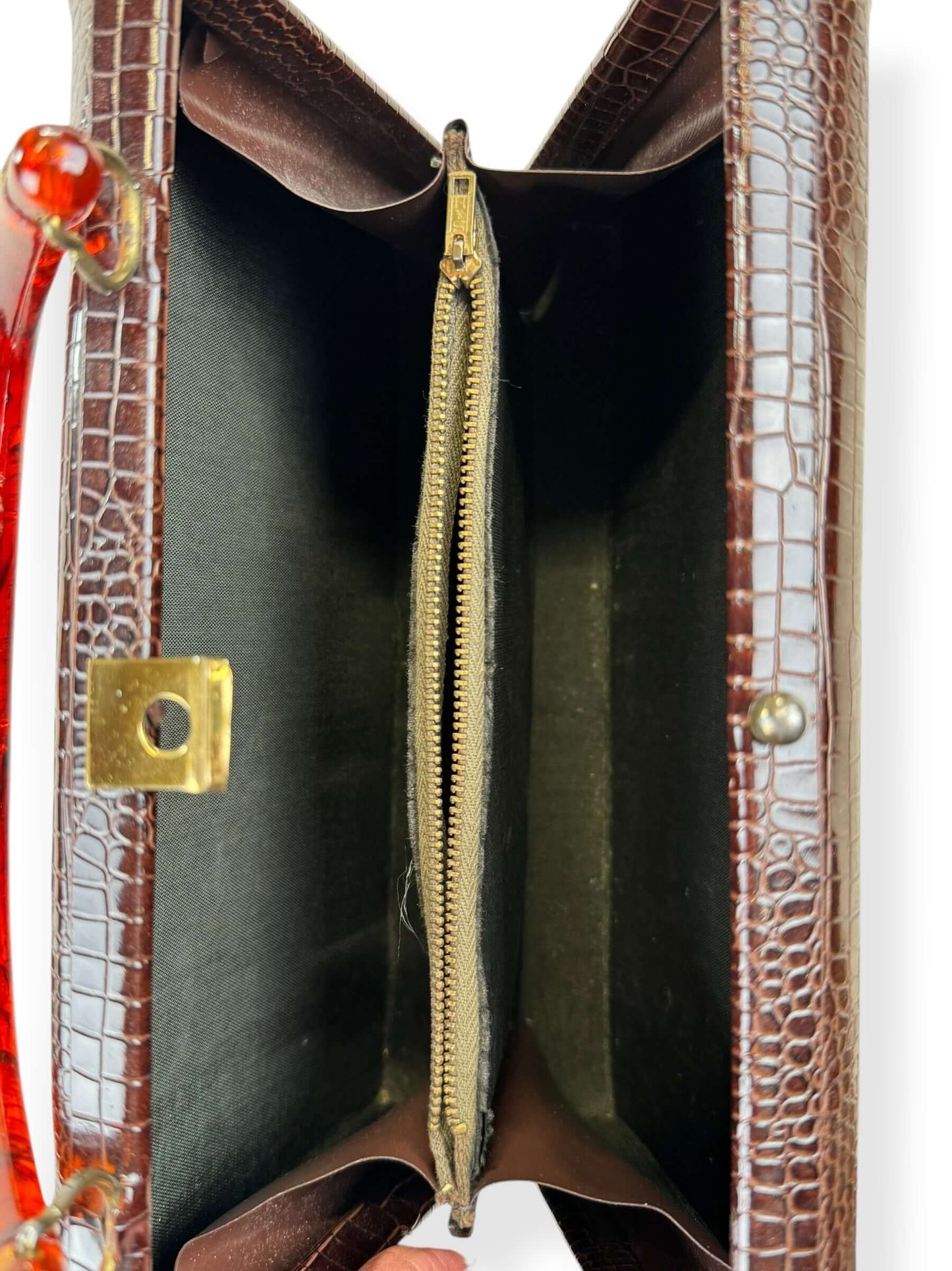 Open view of 1950s Faux Reptile Purse with Lucite Handle
